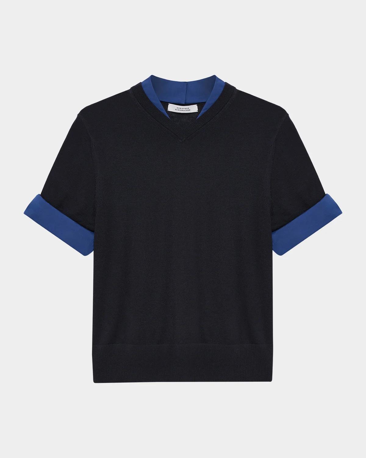 Chic Merino Poplin-Trim Knit Pullover