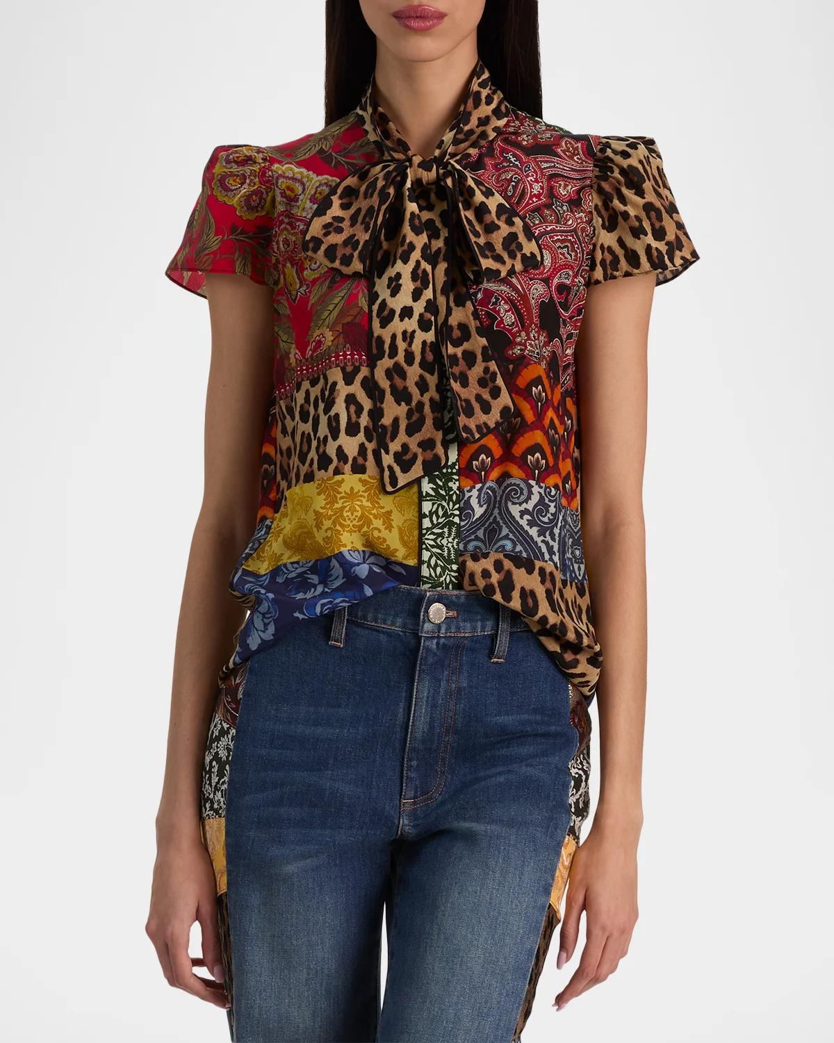 Jeannie Printed Silk Pussy-Bow Shirt - thumbnail 4
