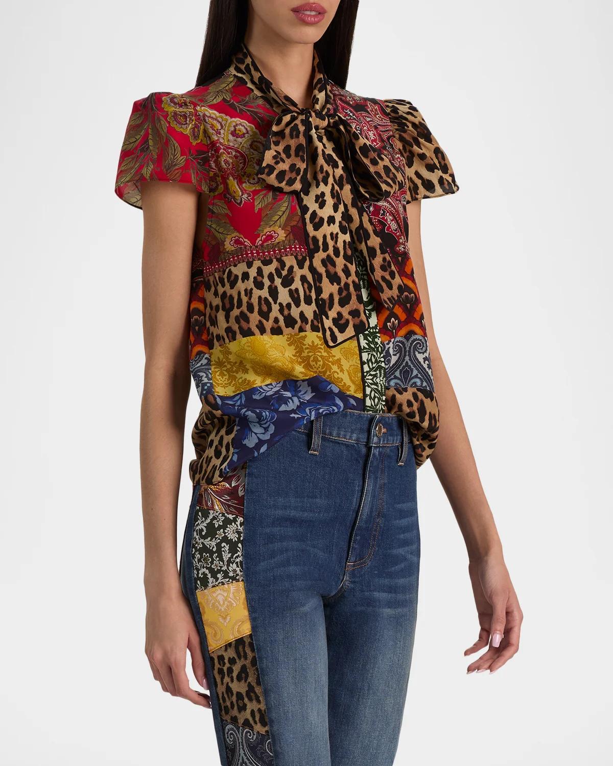 Jeannie Printed Silk Pussy-Bow Shirt - thumbnail 6