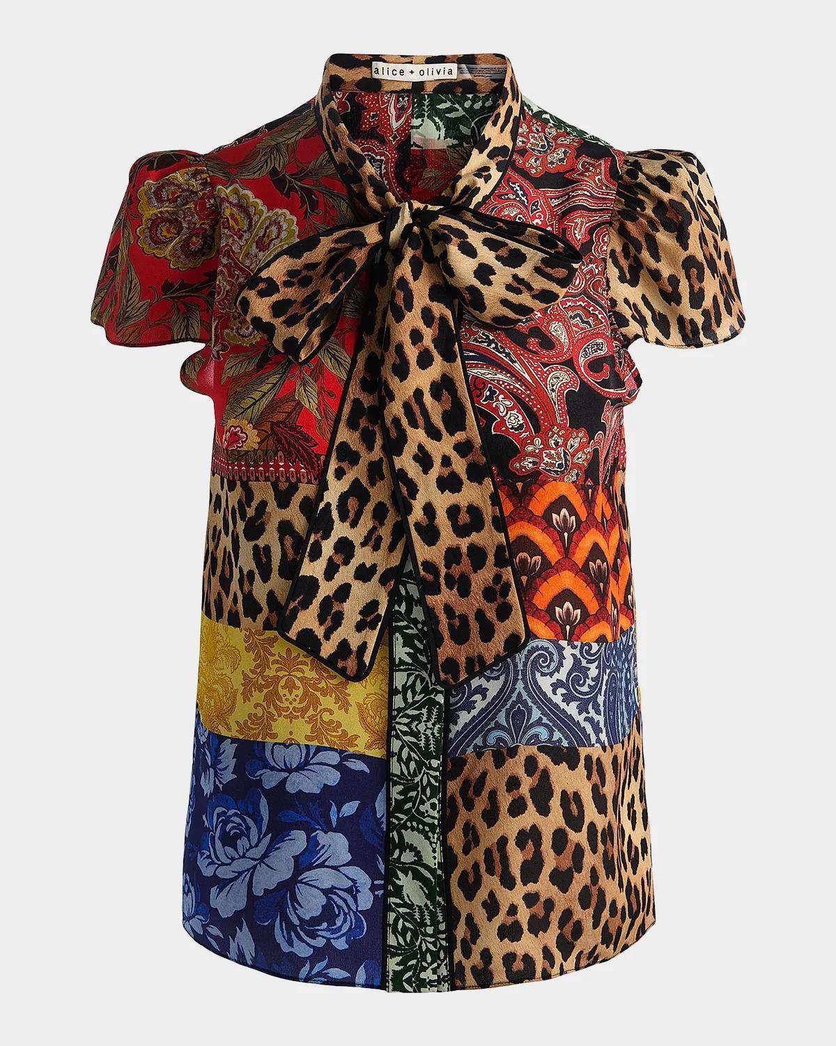 Jeannie Printed Silk Pussy-Bow Shirt