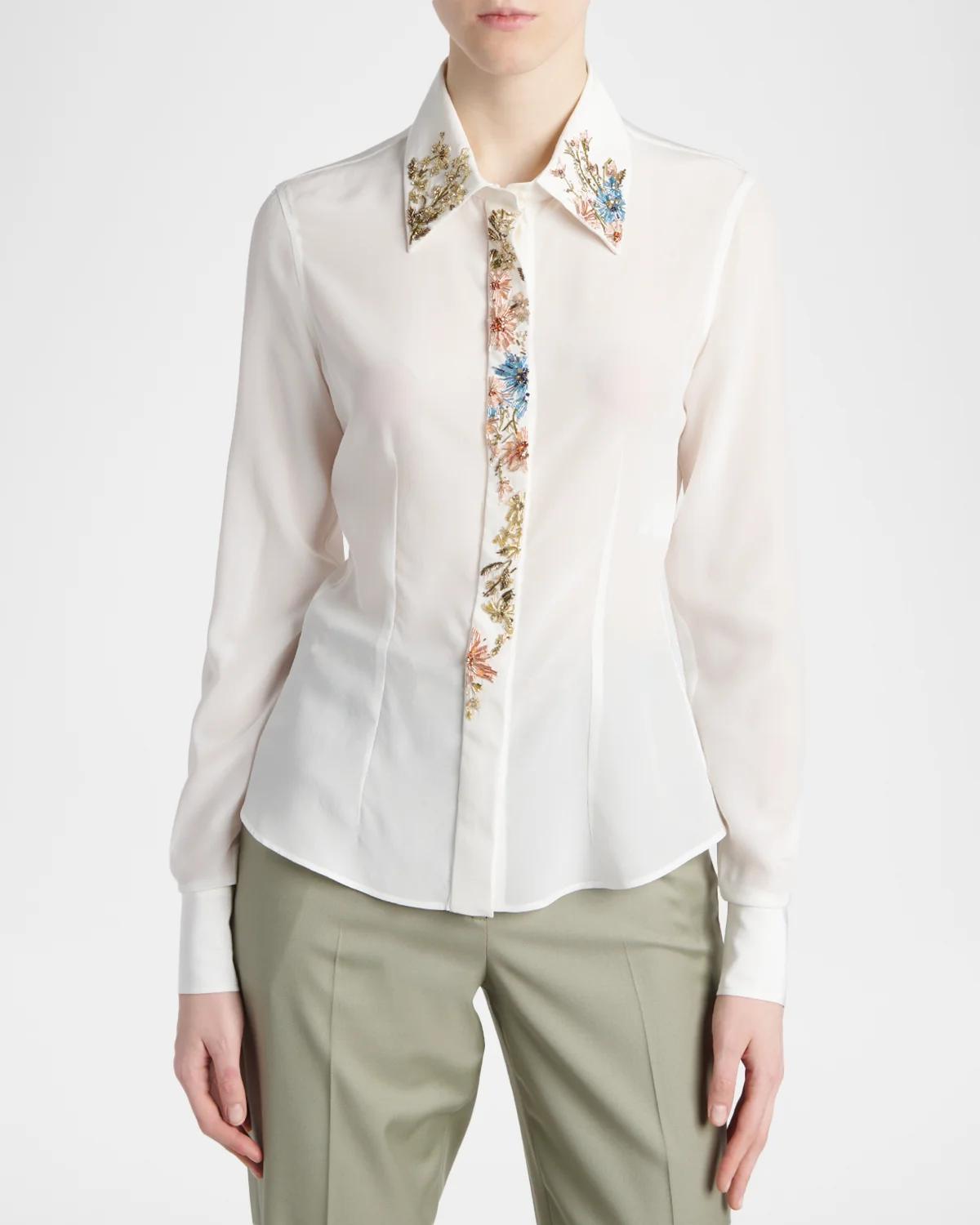 Beaded Silk Slim Button-Down Shirt - thumbnail 4