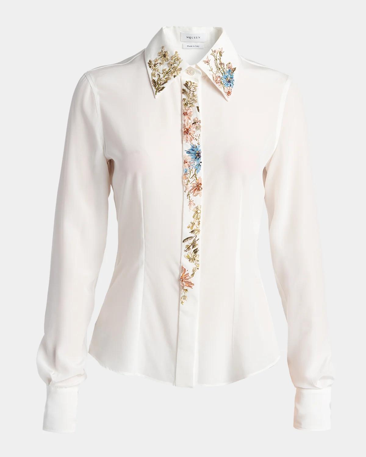 Beaded Silk Slim Button-Down Shirt