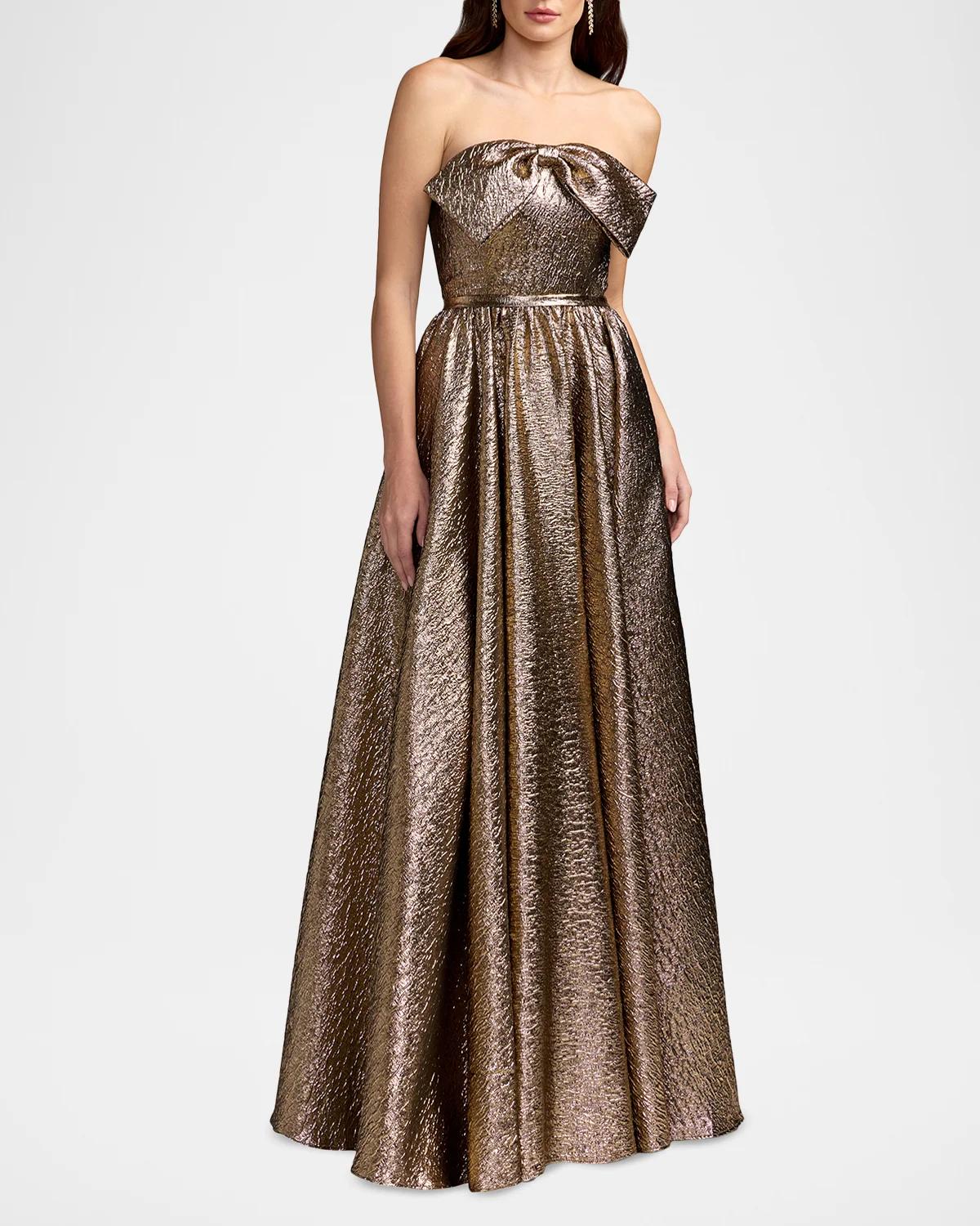 Metallic Brocade Bow Strapless Gown - thumbnail 2