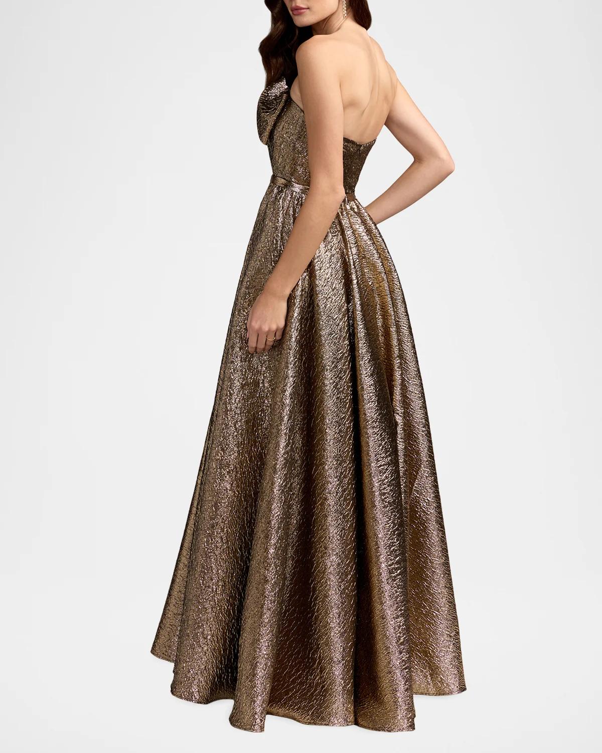 Metallic Brocade Bow Strapless Gown - thumbnail 3