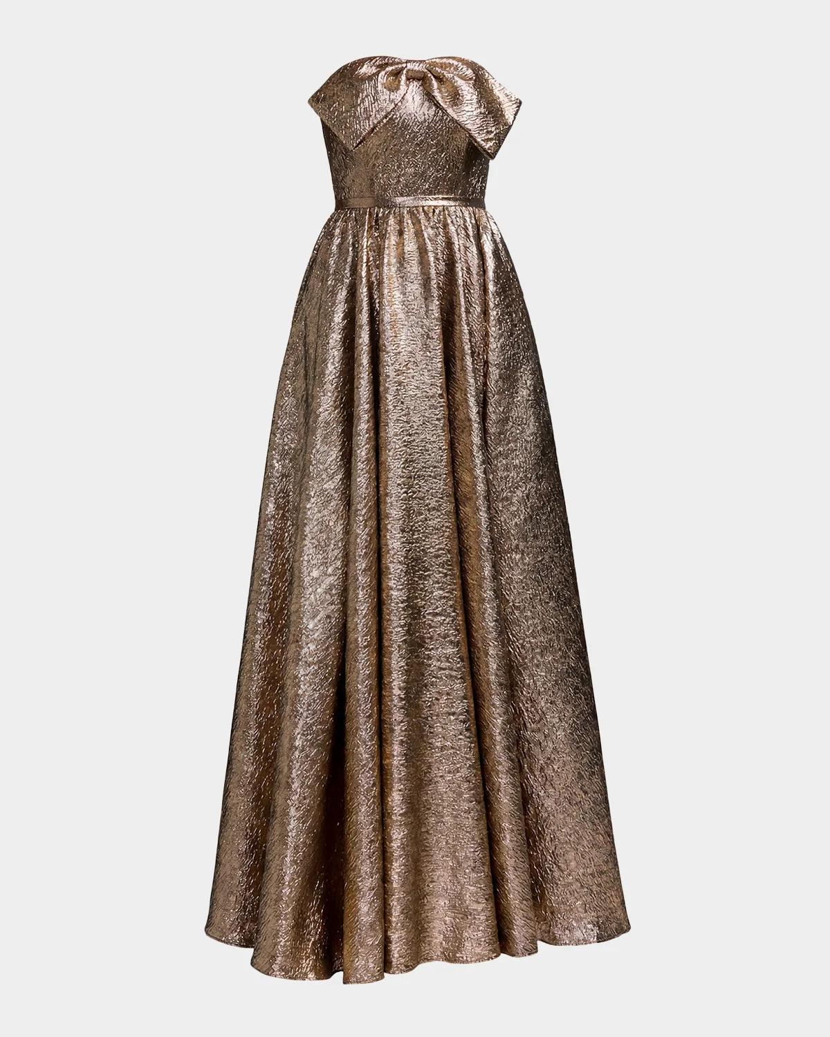 Metallic Brocade Bow Strapless Gown