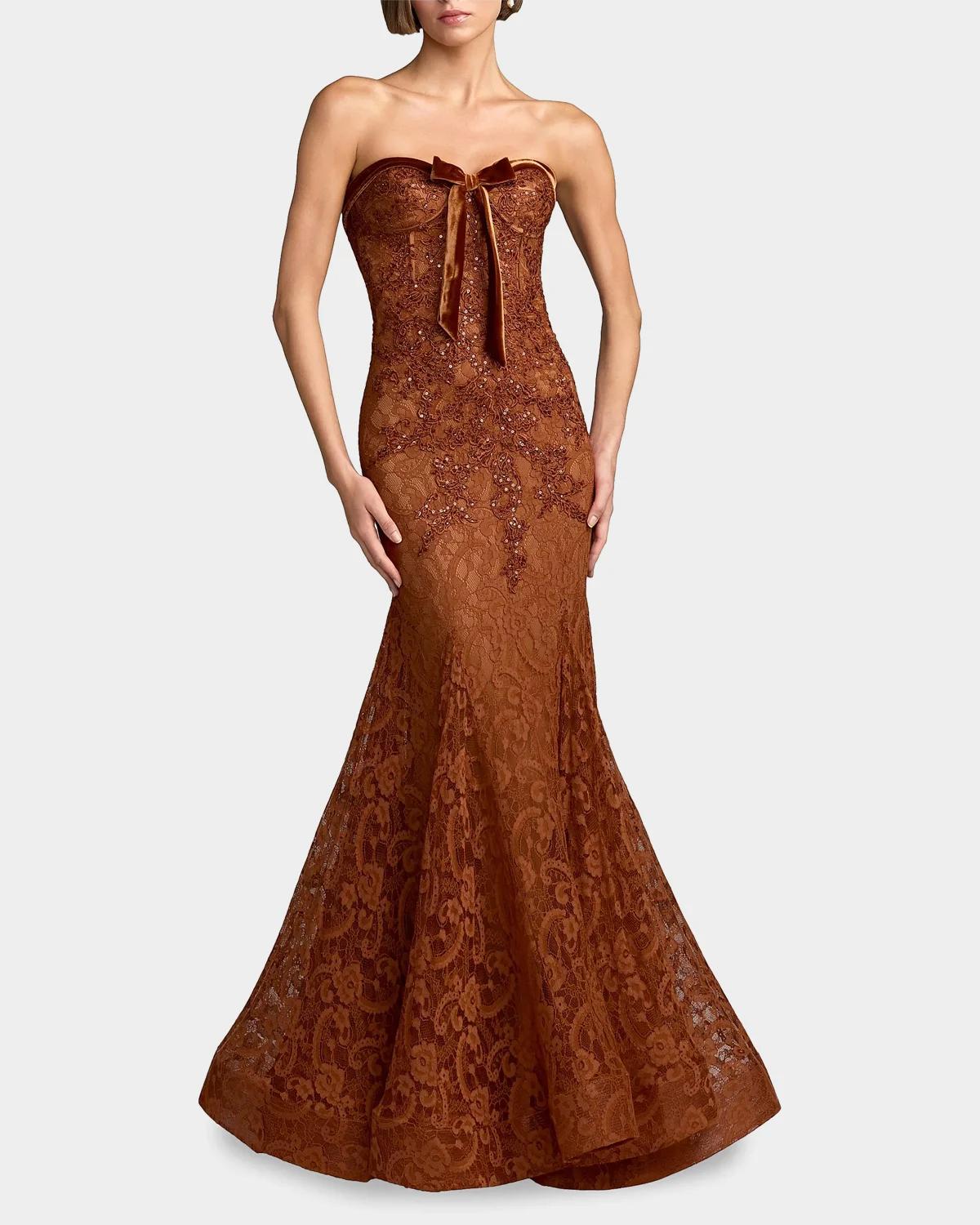 Embellished Lace Strapless Mermaid Gown - thumbnail 2