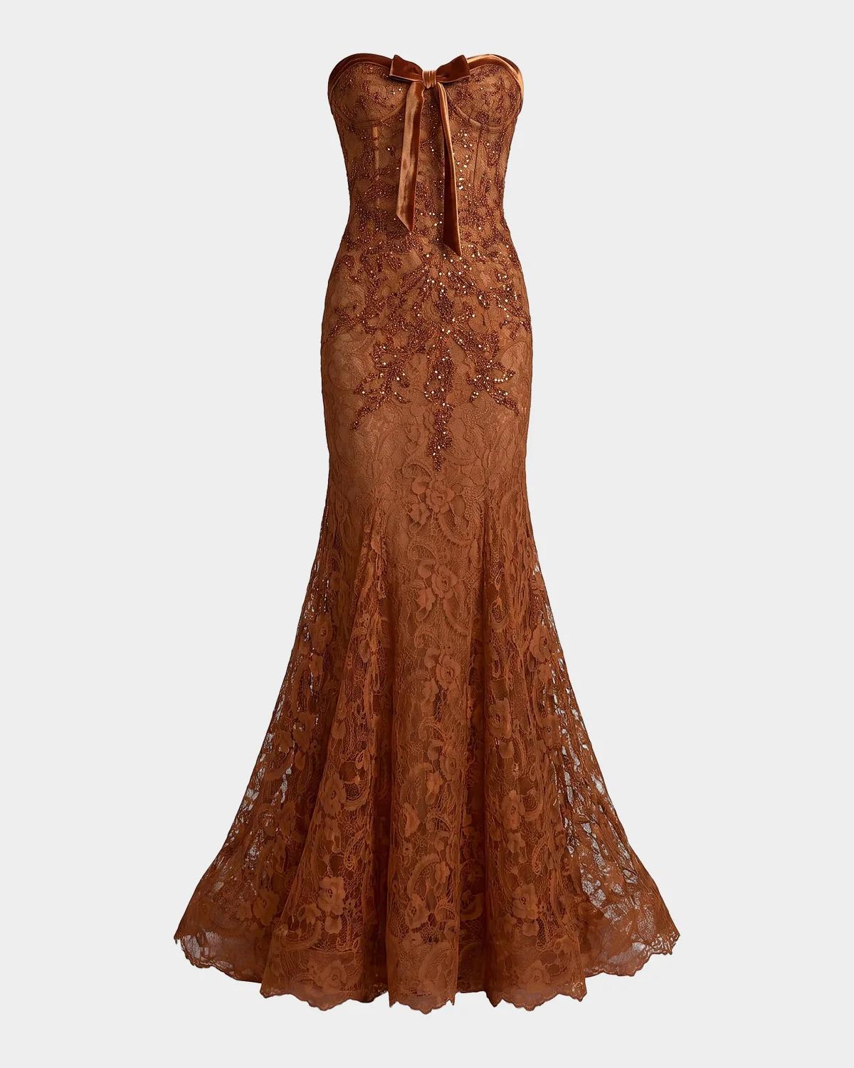 Embellished Lace Strapless Mermaid Gown