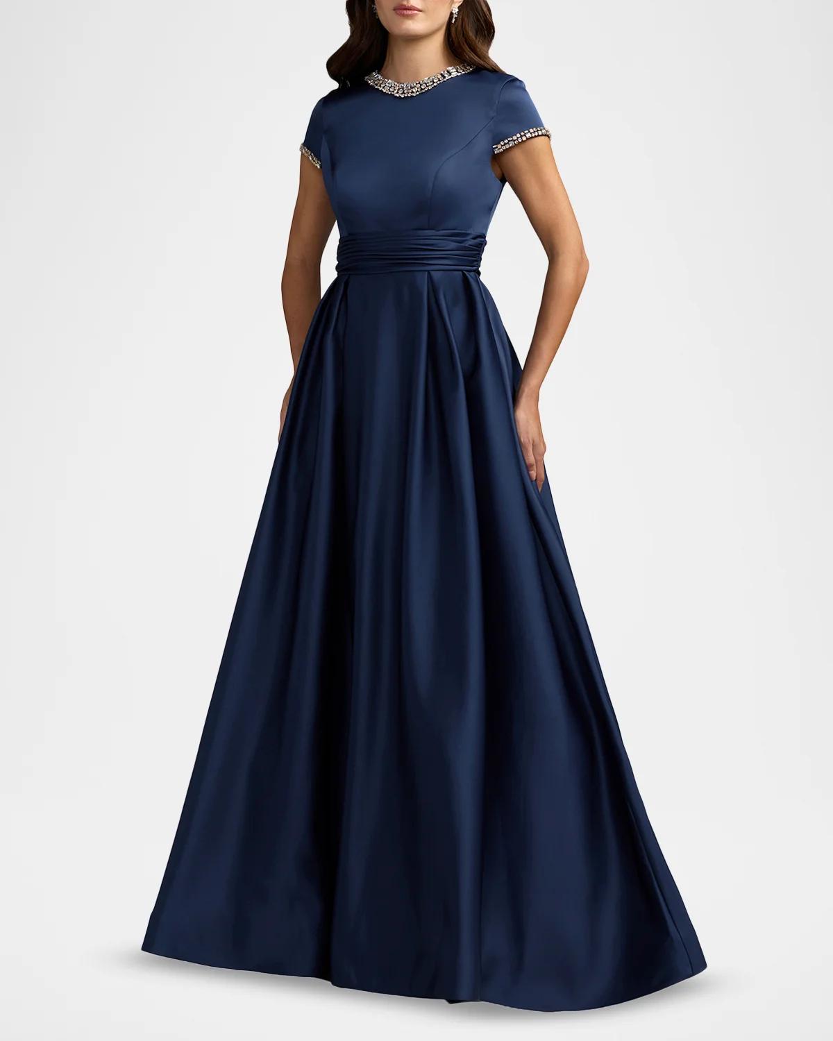 Embellished Satin Cap-Sleeve Gown - thumbnail 2