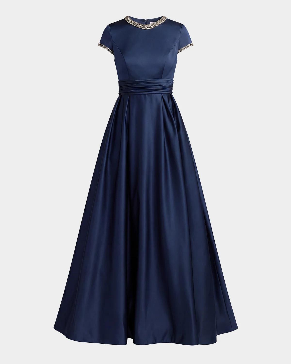 Embellished Satin Cap-Sleeve Gown