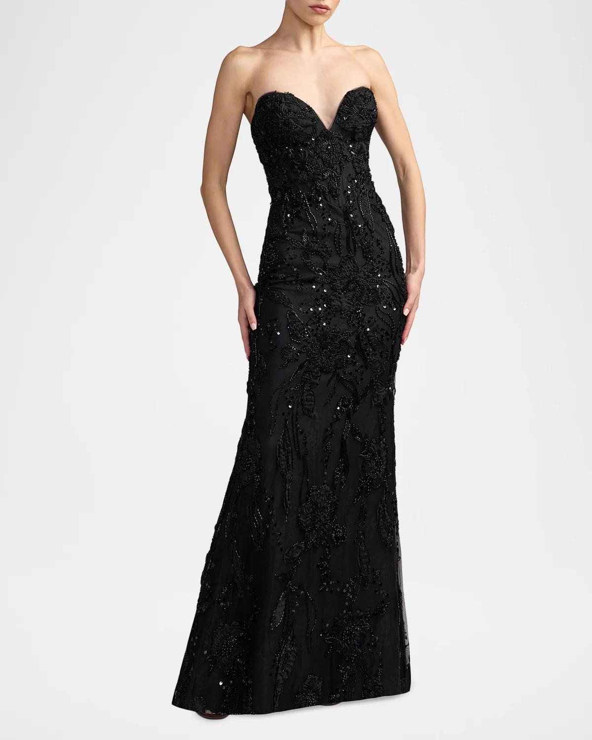 Floral Embellished Mesh Strapless Column Gown - thumbnail 2