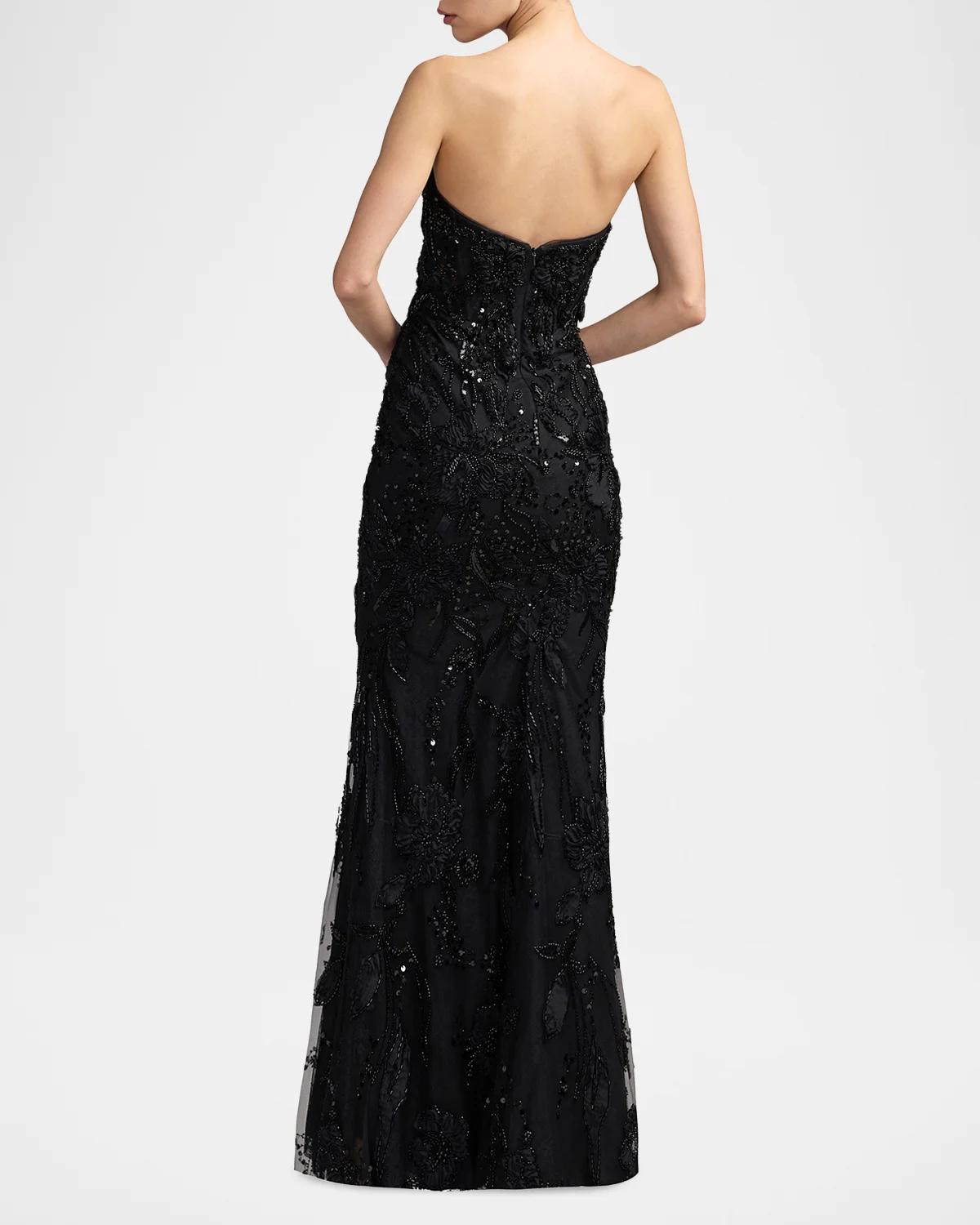 Floral Embellished Mesh Strapless Column Gown - thumbnail 3