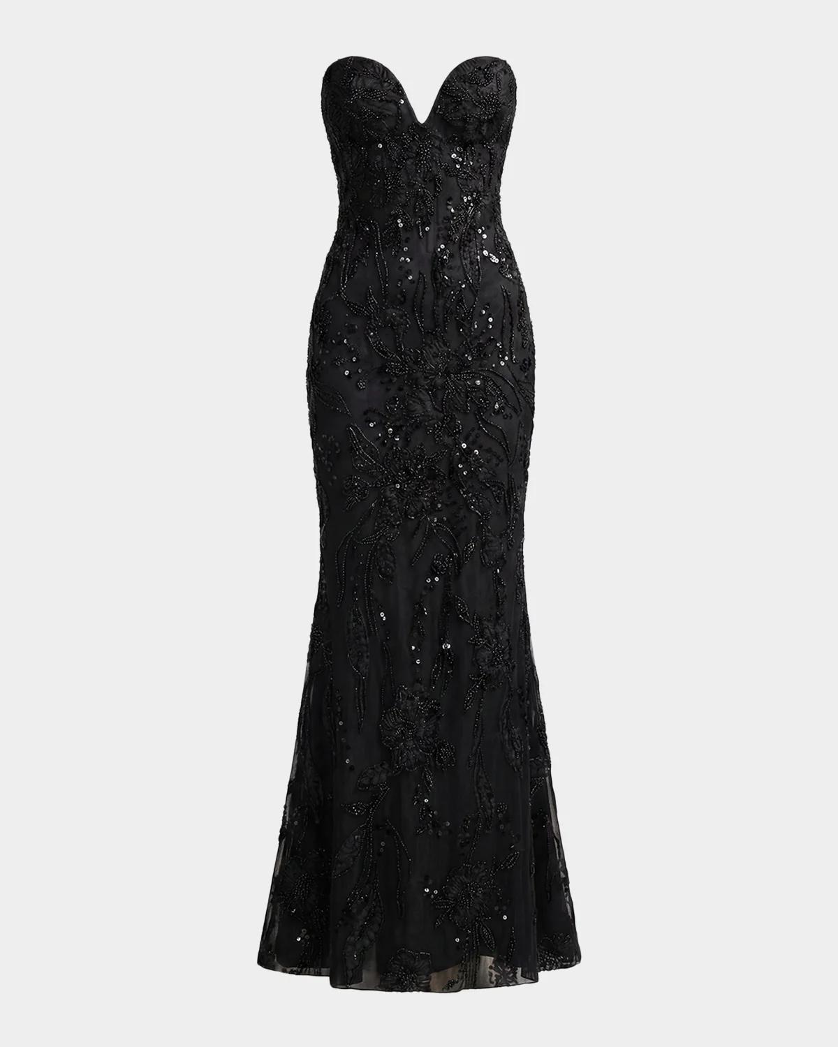 Floral Embellished Mesh Strapless Column Gown