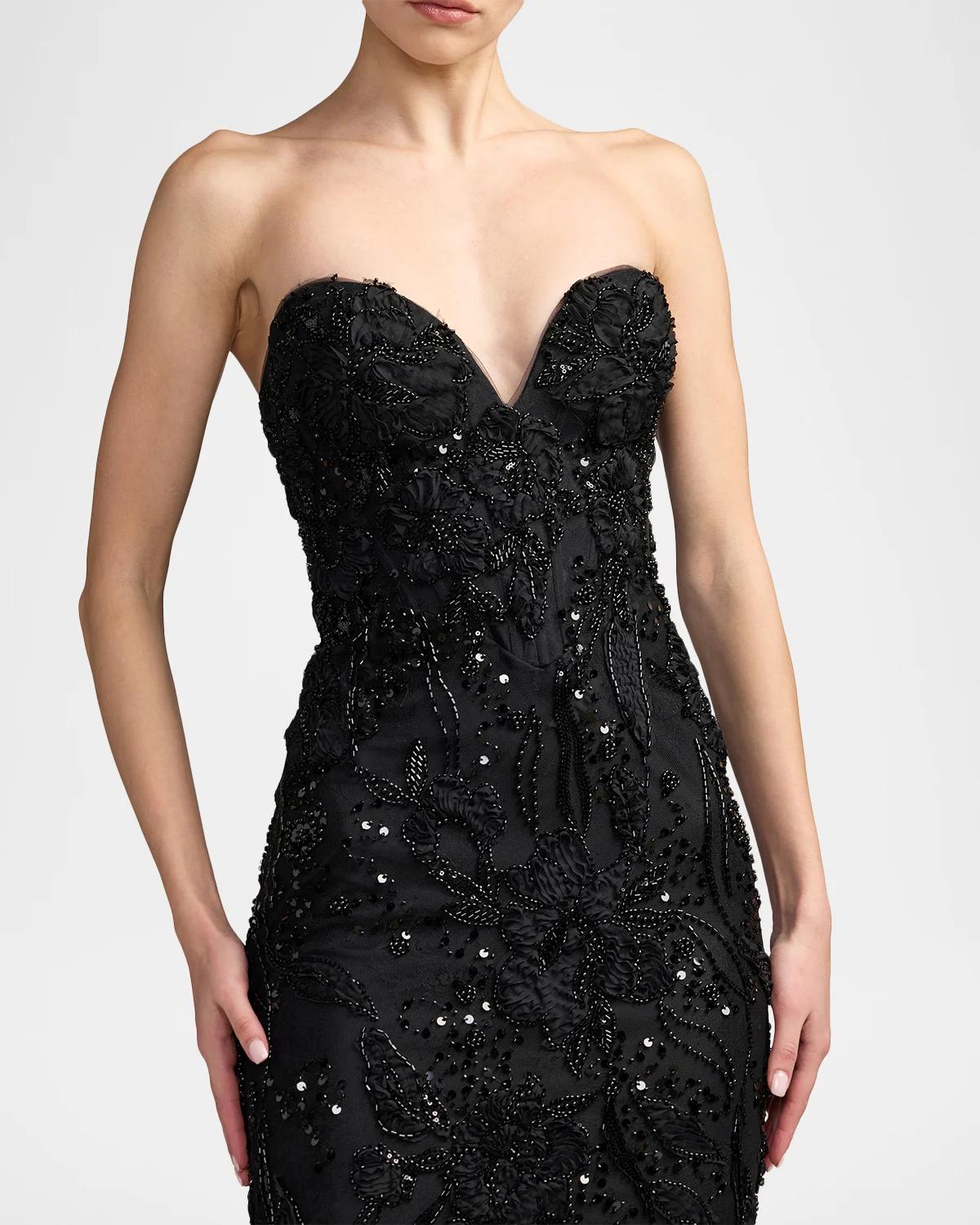 Floral Embellished Mesh Strapless Column Gown - thumbnail 5