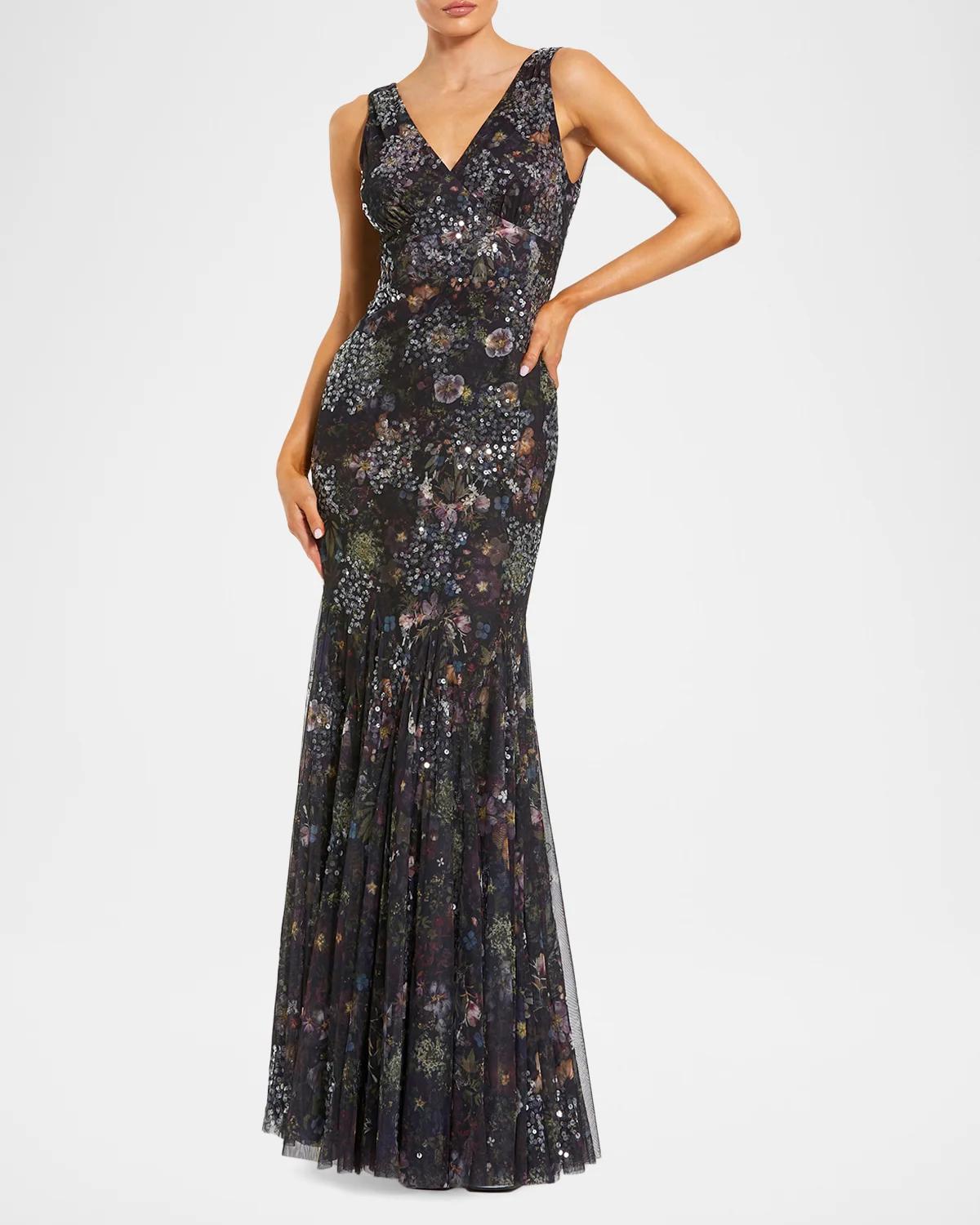 Sequin Floral-Print Mesh Mermaid Gown - thumbnail 2