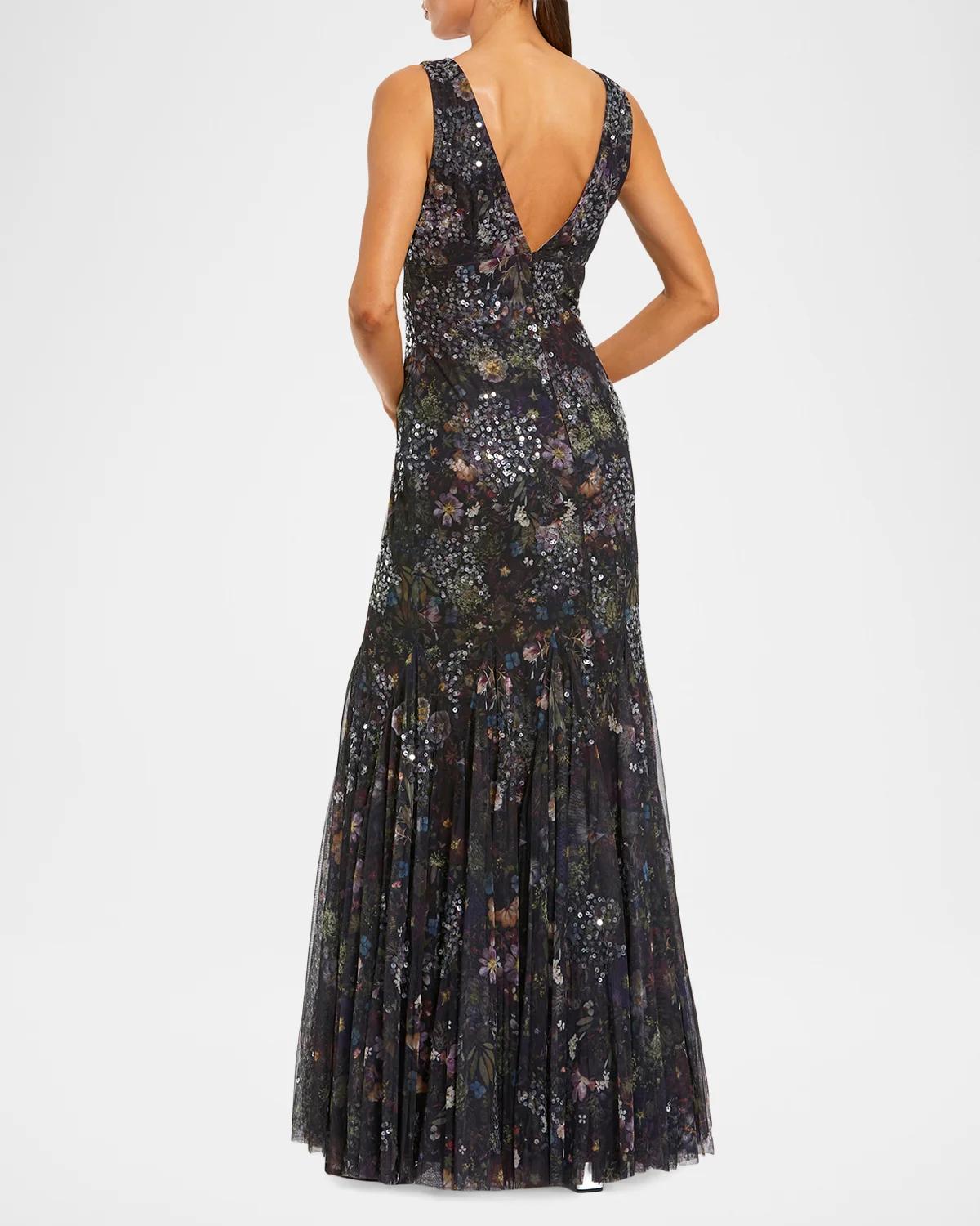 Sequin Floral-Print Mesh Mermaid Gown - thumbnail 3