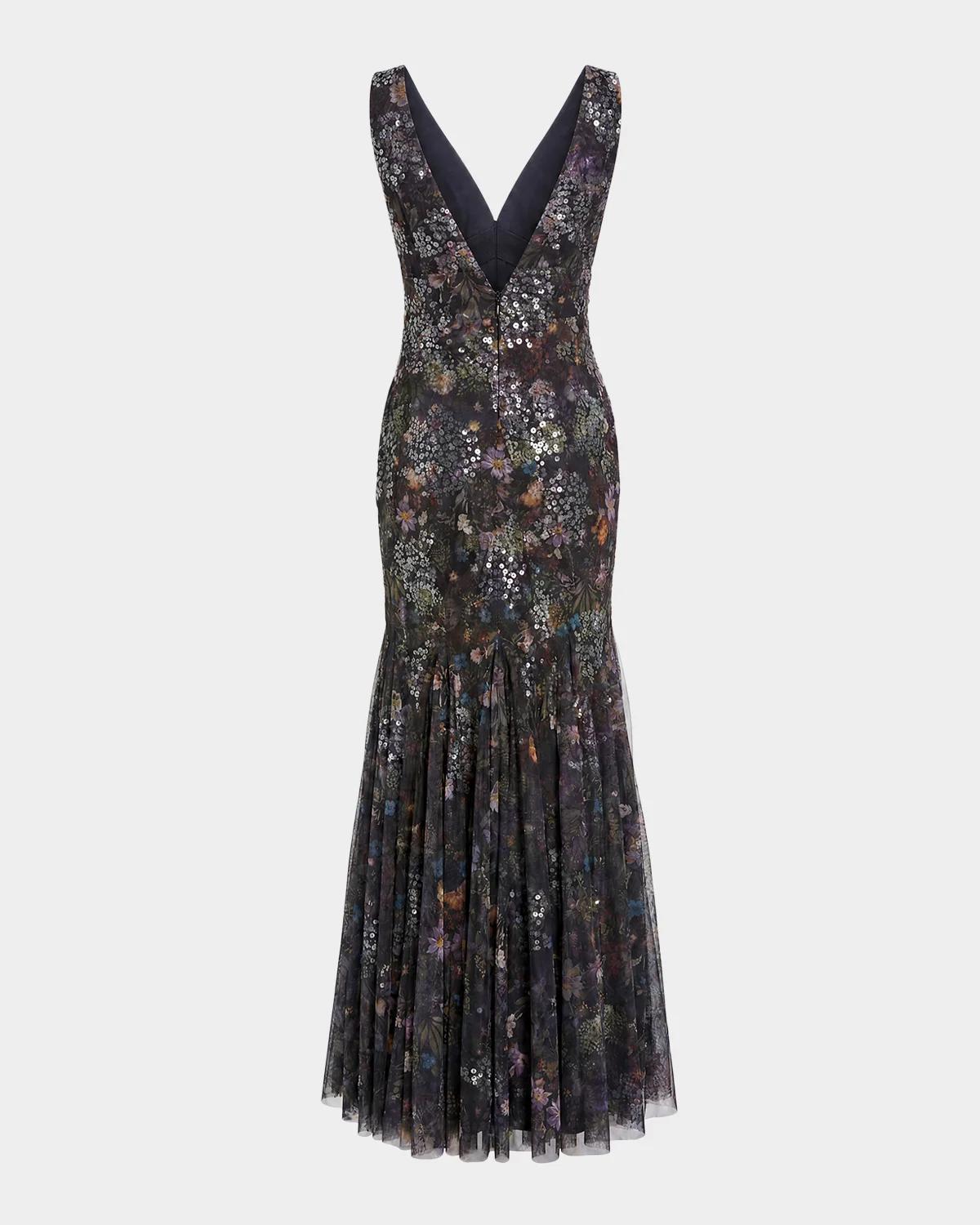 Sequin Floral-Print Mesh Mermaid Gown - thumbnail 4