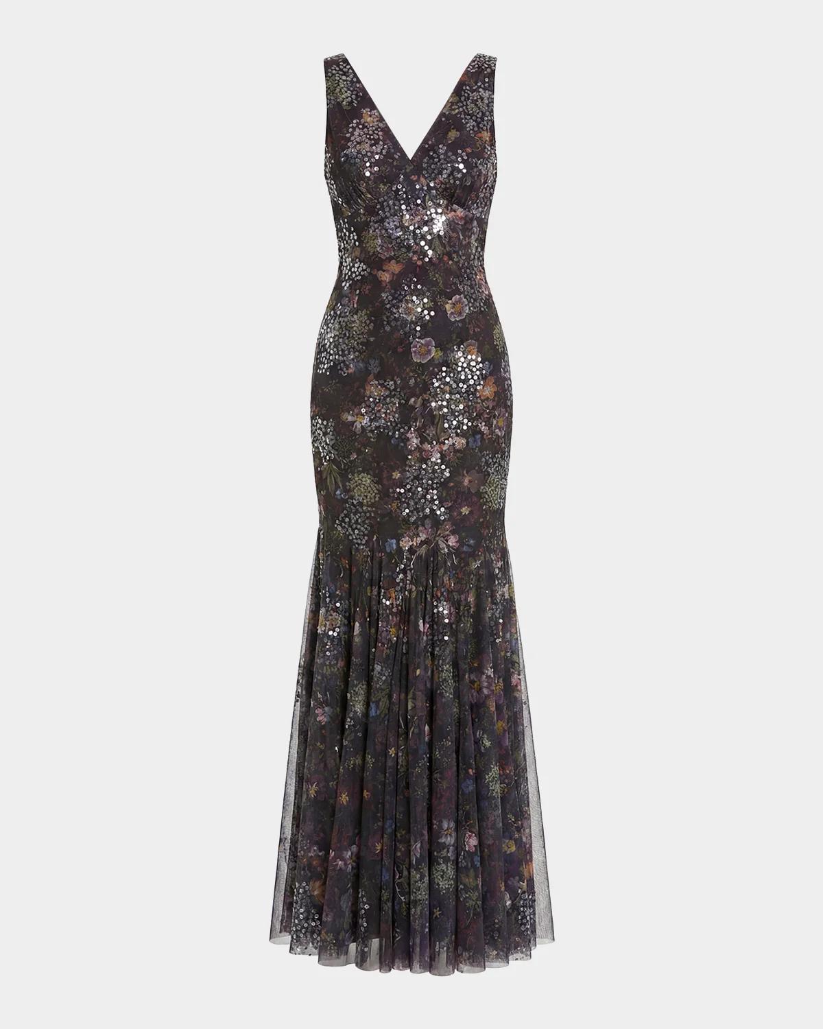 Sequin Floral-Print Mesh Mermaid Gown