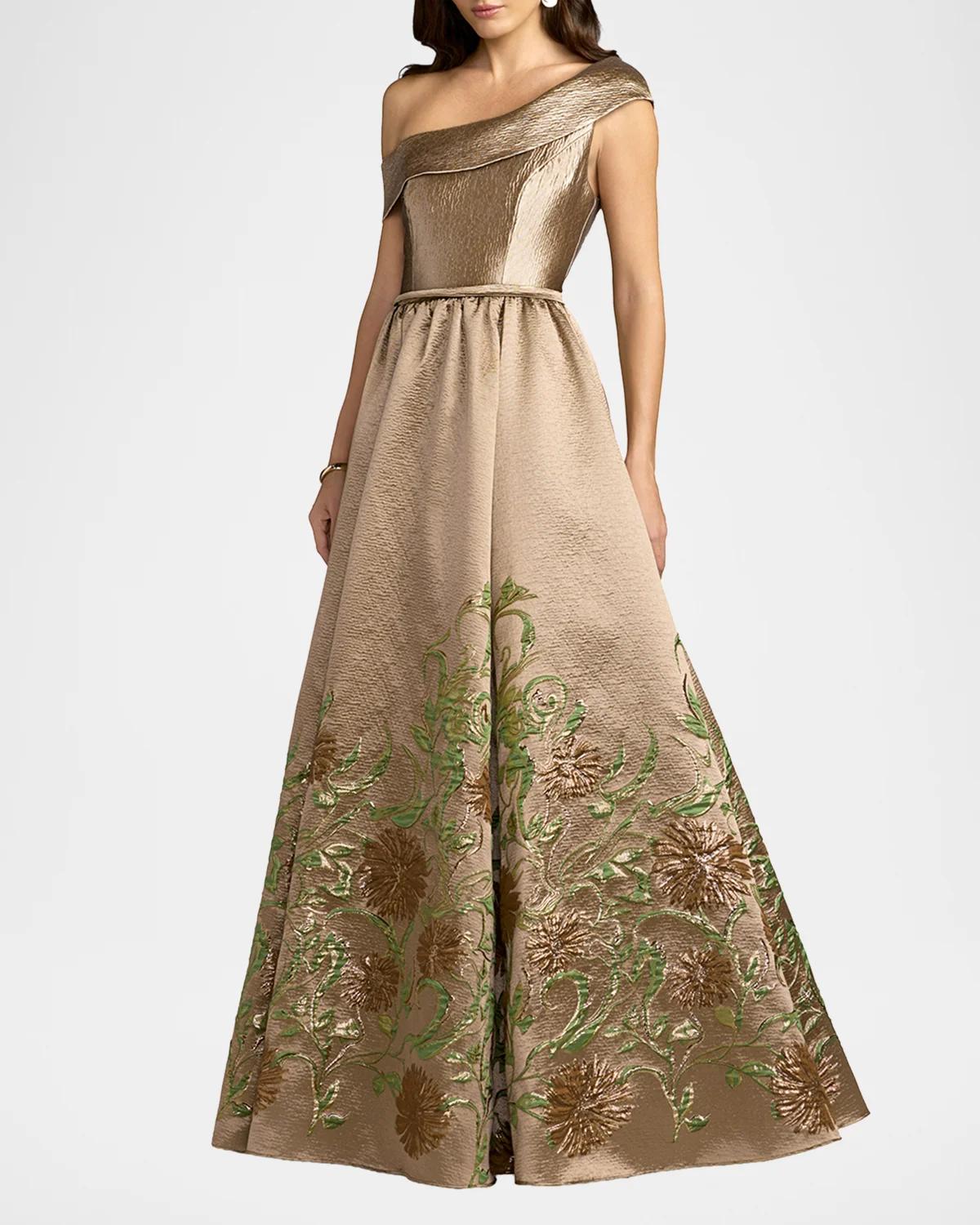 One-Shoulder Metallic Brocade Ball Gown - thumbnail 2
