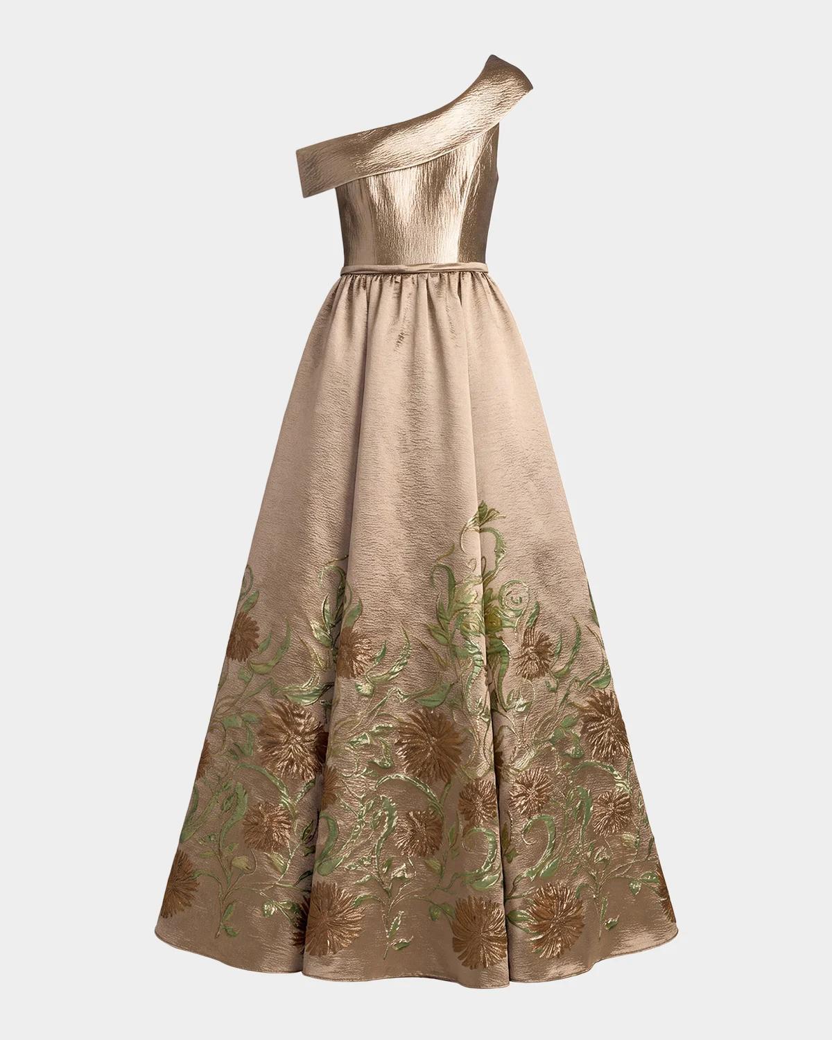 One-Shoulder Metallic Brocade Ball Gown