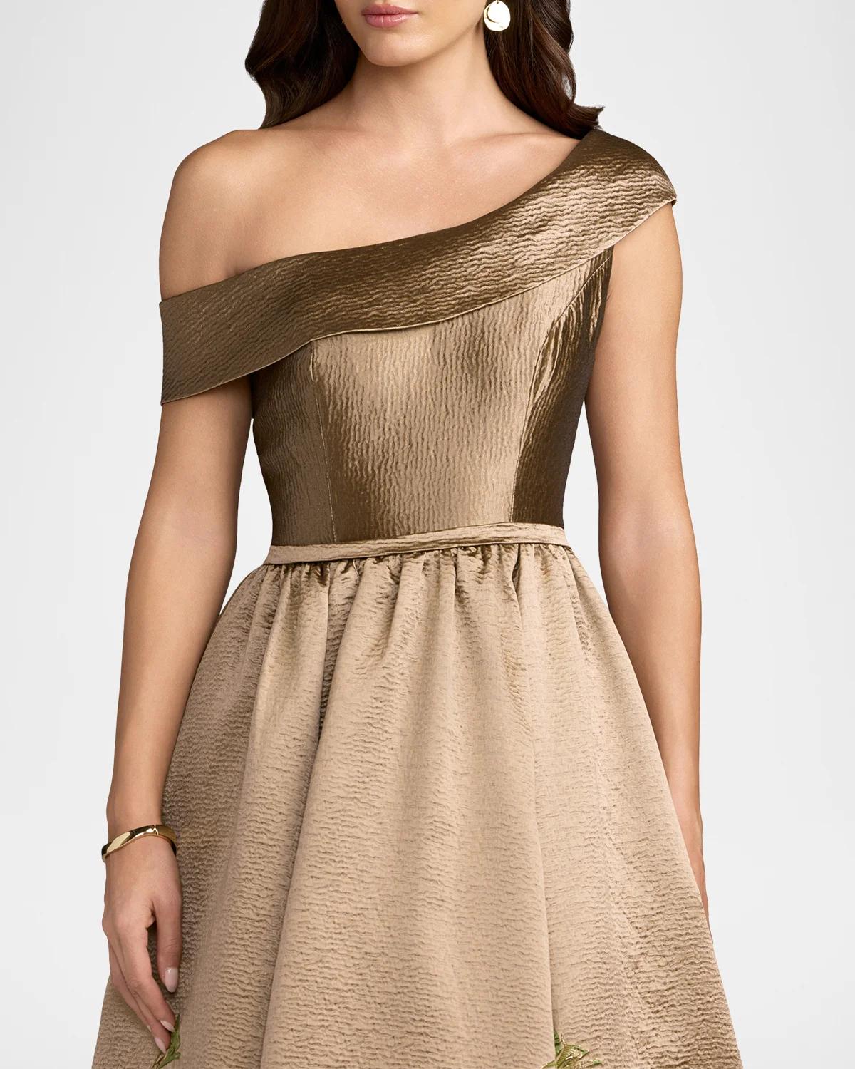 One-Shoulder Metallic Brocade Ball Gown - thumbnail 4