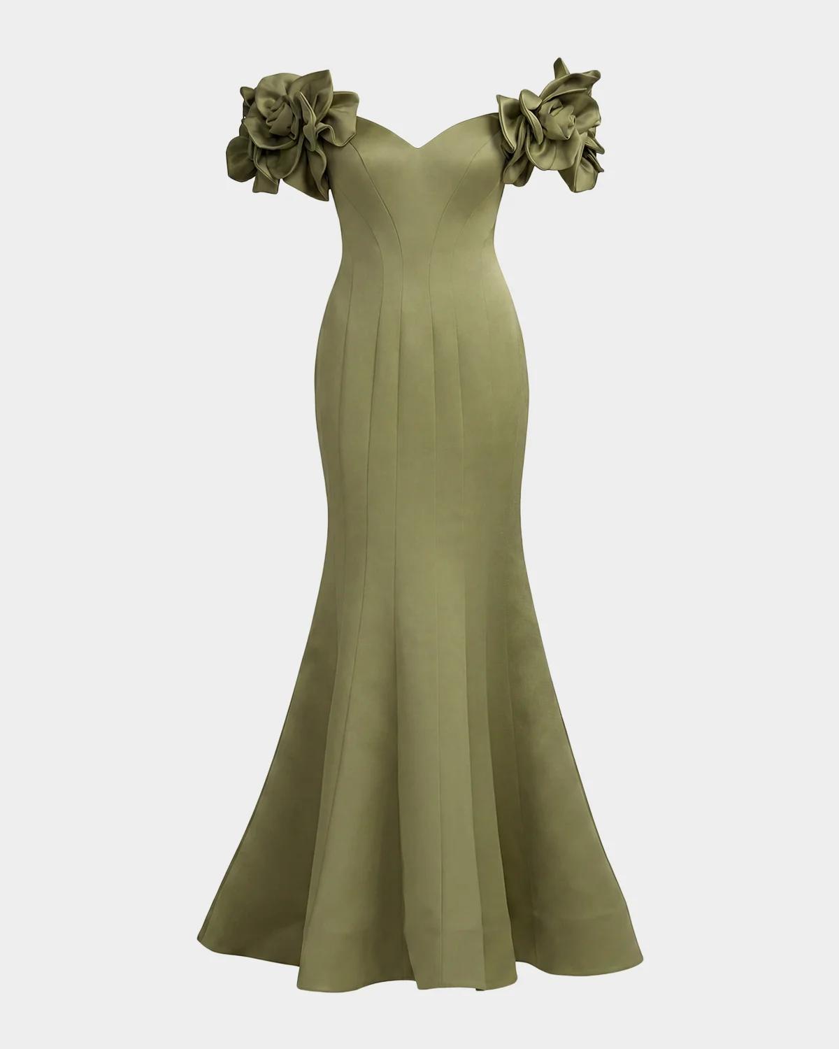 Embellished Satin Off-Shoulder Trumpet Gown