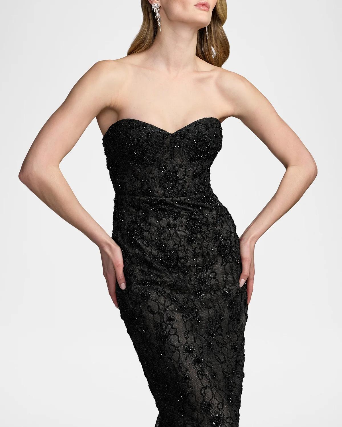 Embellished Floral Lace Strapless Gown - thumbnail 5