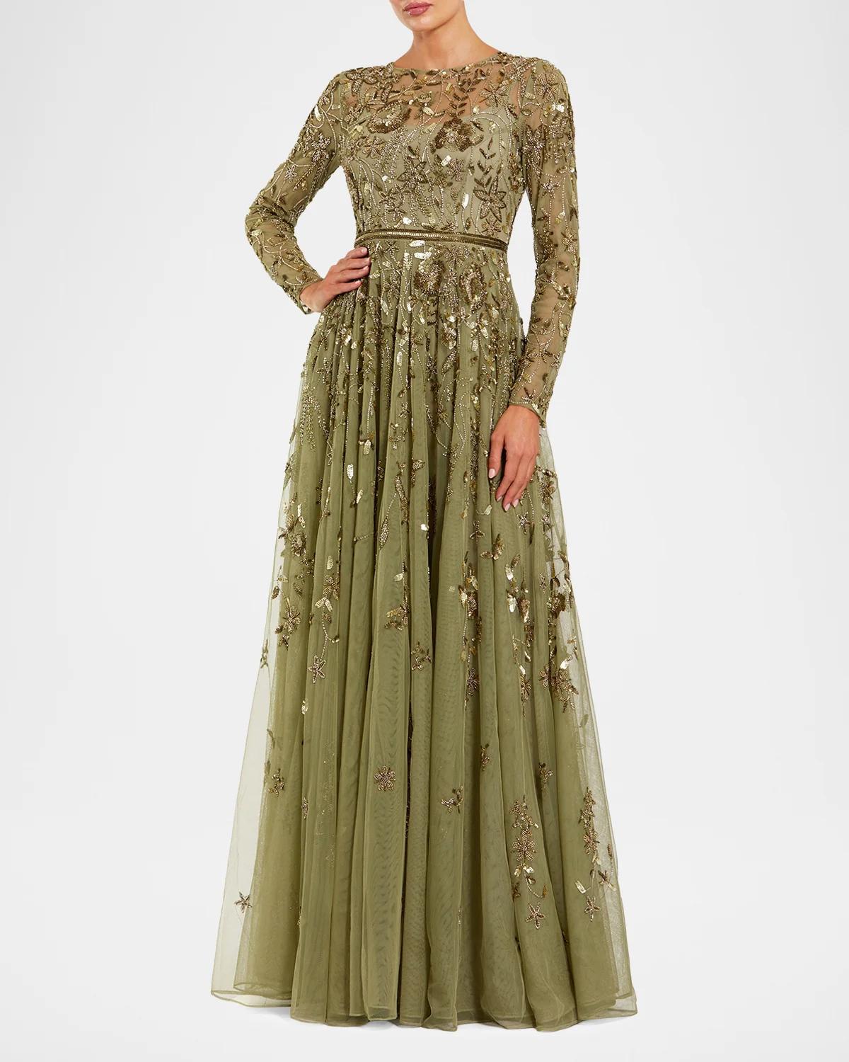 Embellished Floral-Embroidered Mesh Gown - thumbnail 2