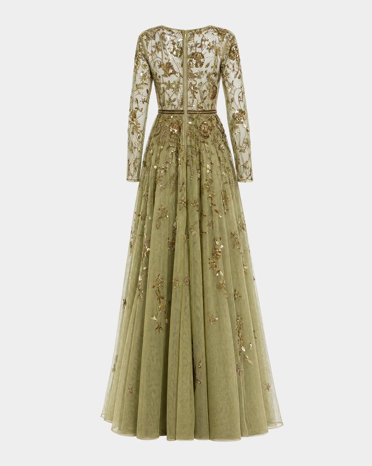 Embellished Floral-Embroidered Mesh Gown - thumbnail 4