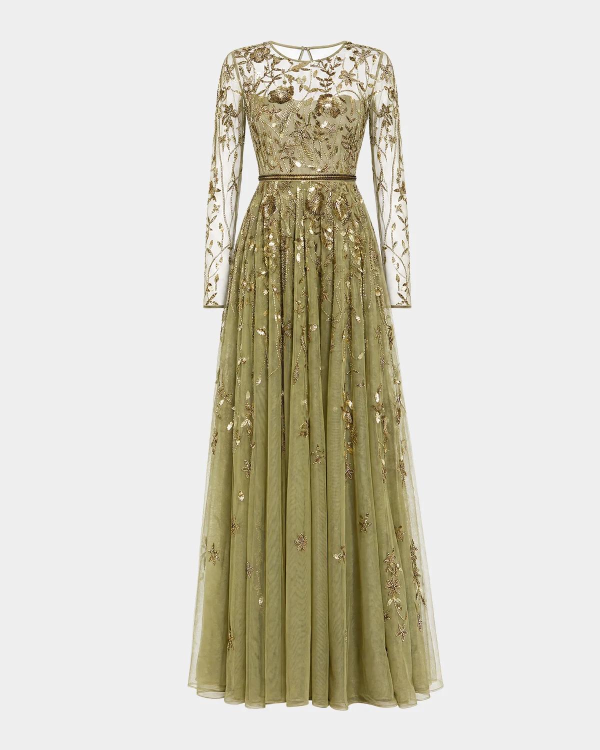 Embellished Floral-Embroidered Mesh Gown