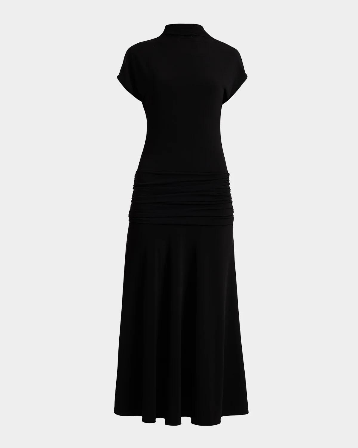 Ruched Mock-Neck Midi Dress