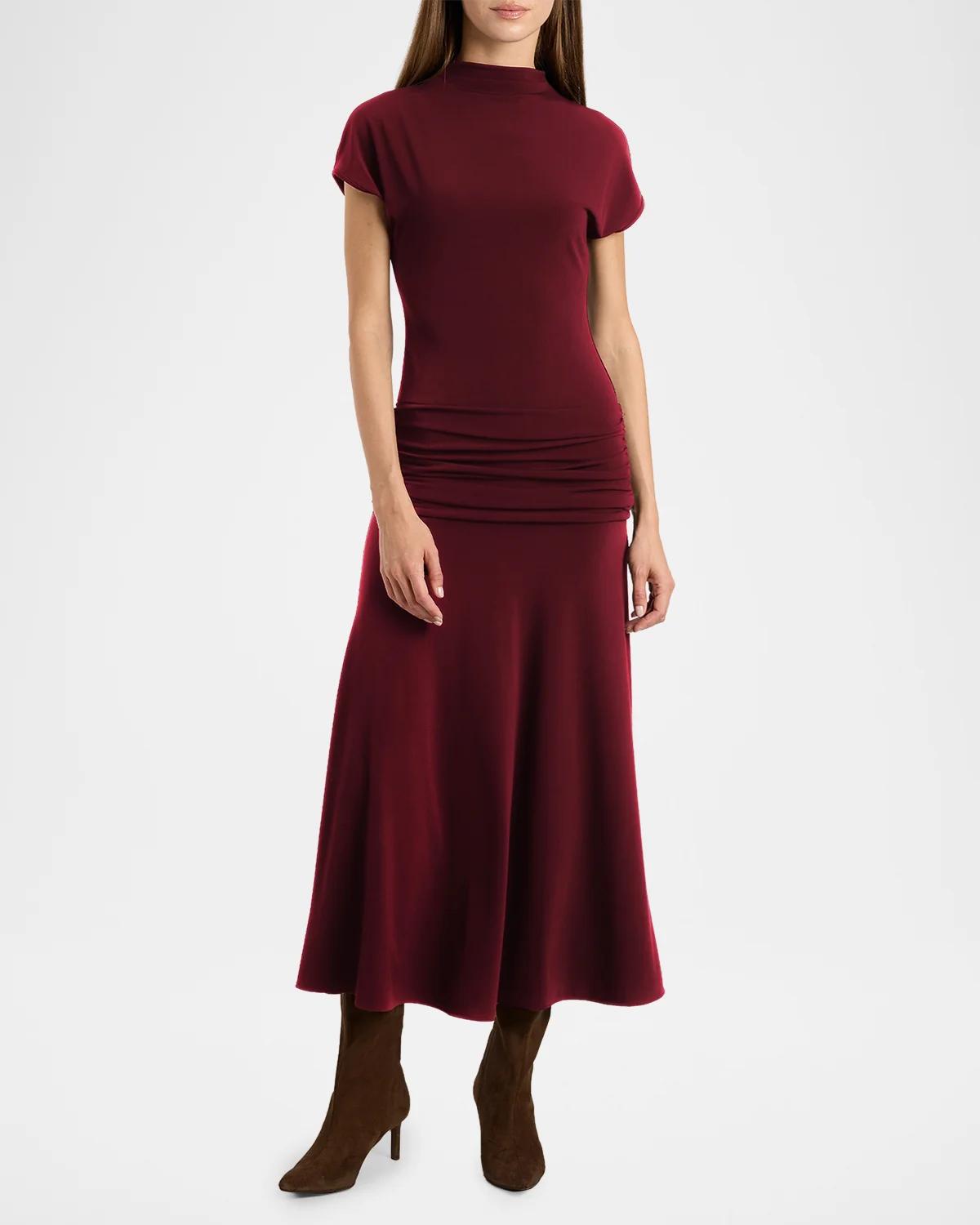 Ruched Mock-Neck Midi Dress - thumbnail 4