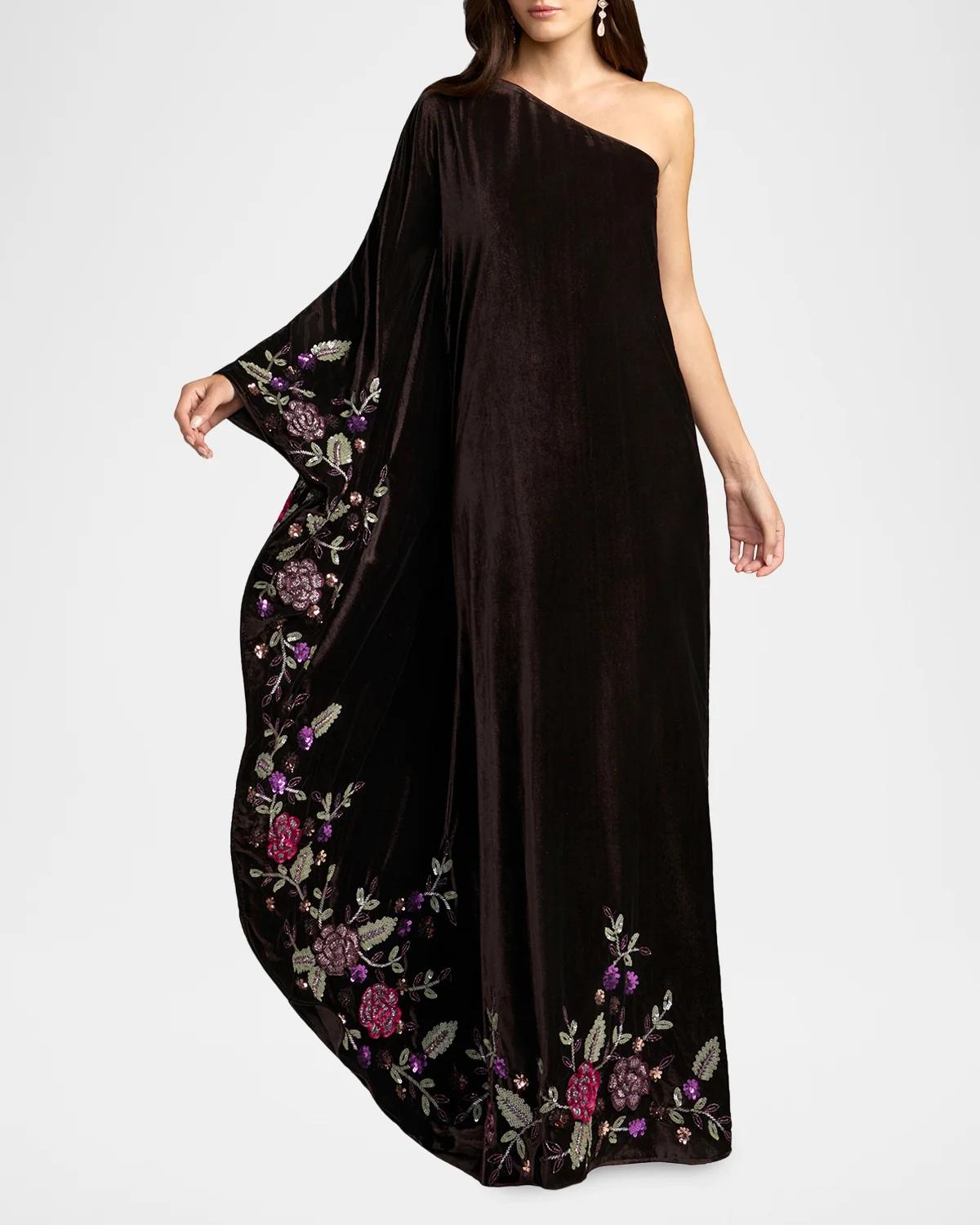 One-Shoulder Sequin Floral Velvet Gown - thumbnail 2