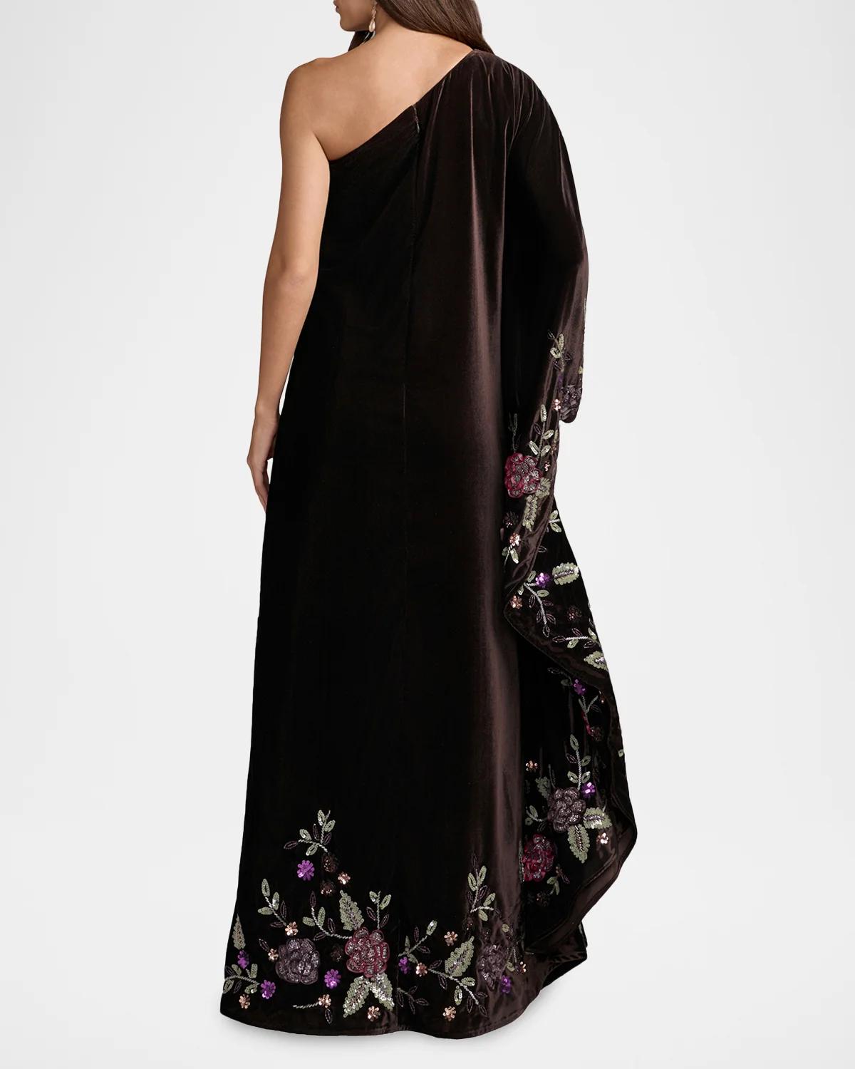 One-Shoulder Sequin Floral Velvet Gown - thumbnail 3