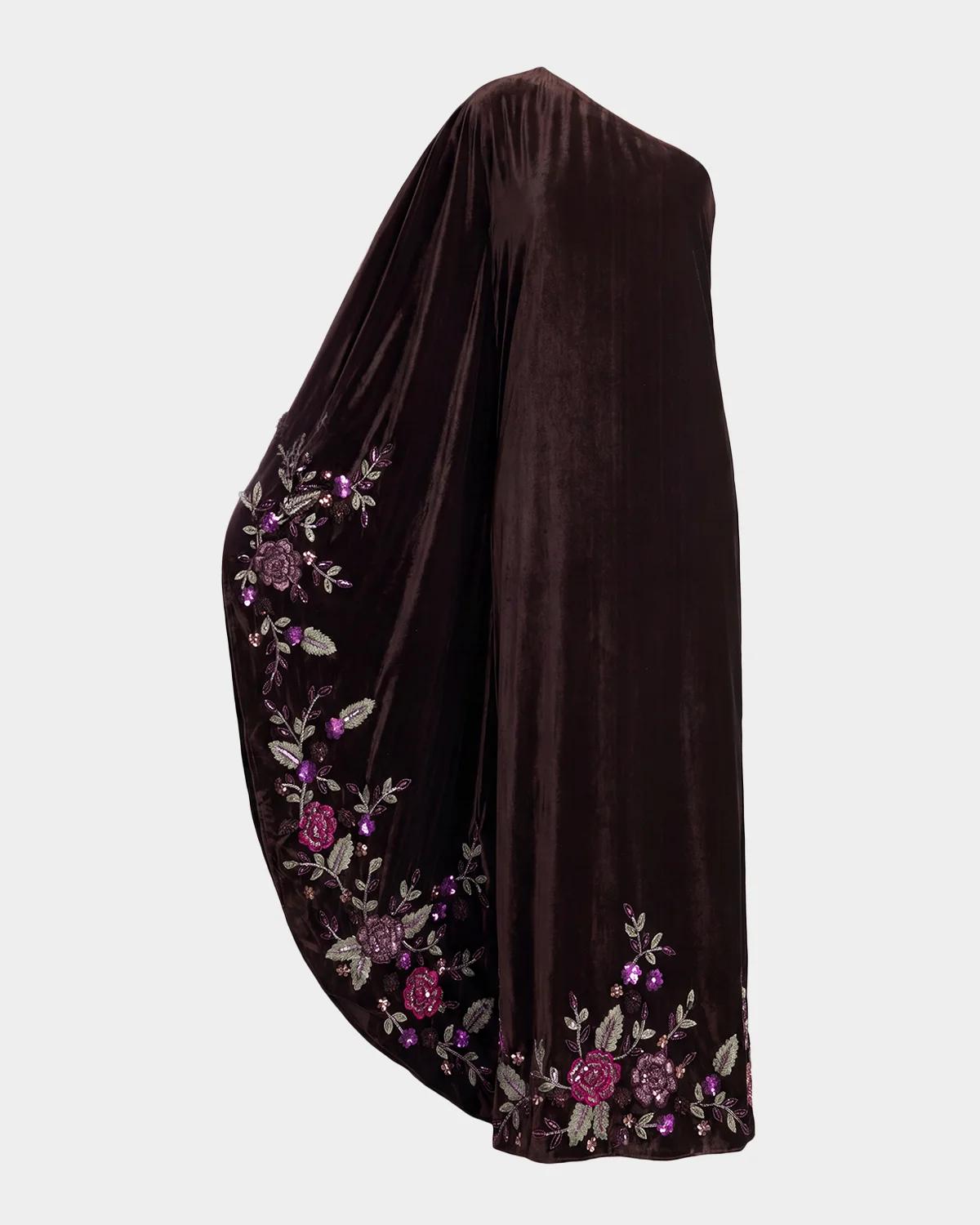 One-Shoulder Sequin Floral Velvet Gown