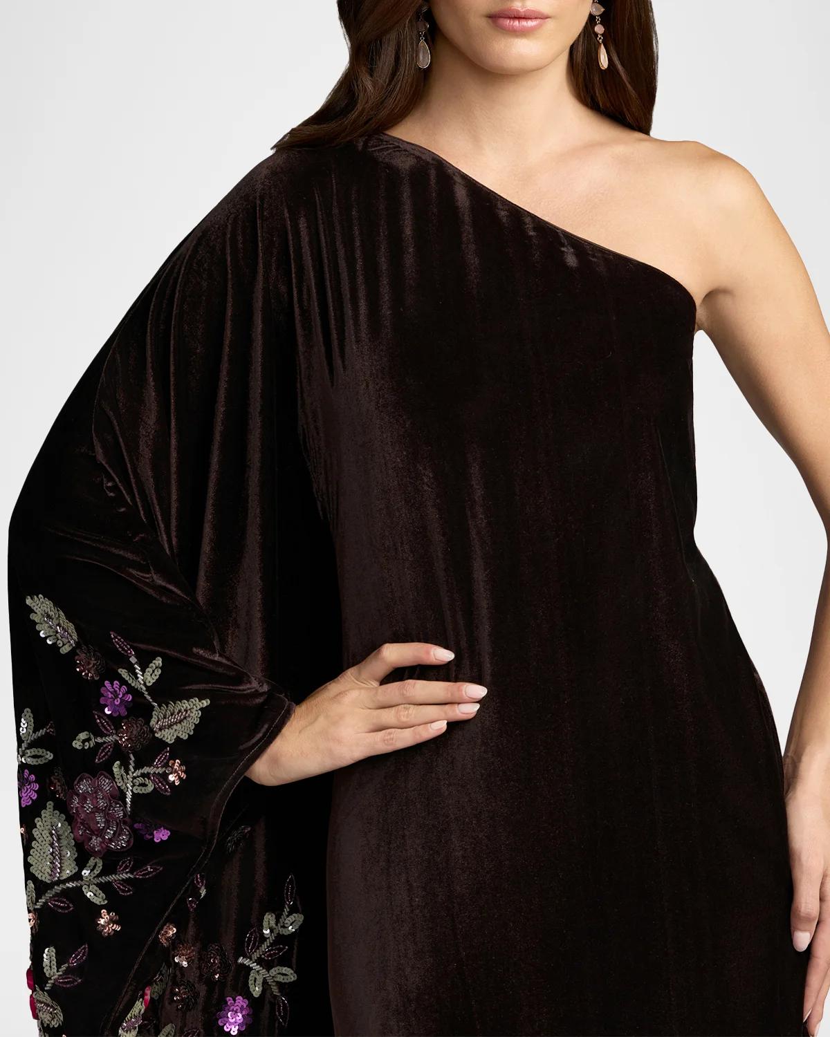 One-Shoulder Sequin Floral Velvet Gown - thumbnail 5