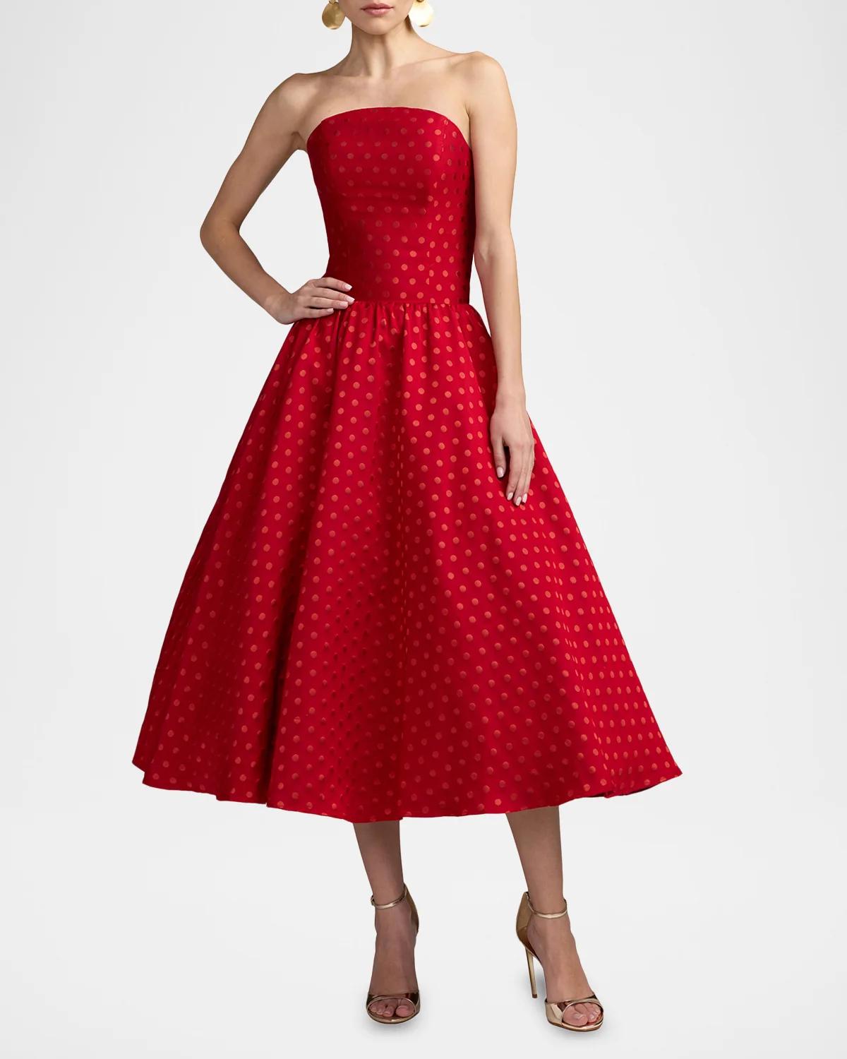 Polka Dot Brocade Strapless Midi Dress - thumbnail 2