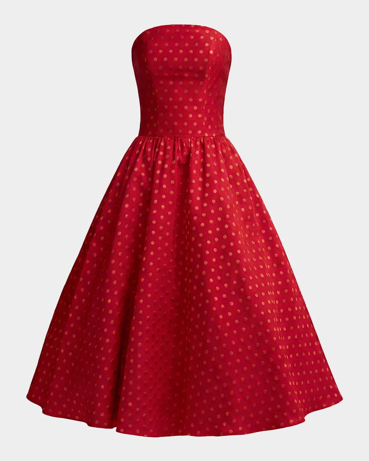 Polka Dot Brocade Strapless Midi Dress