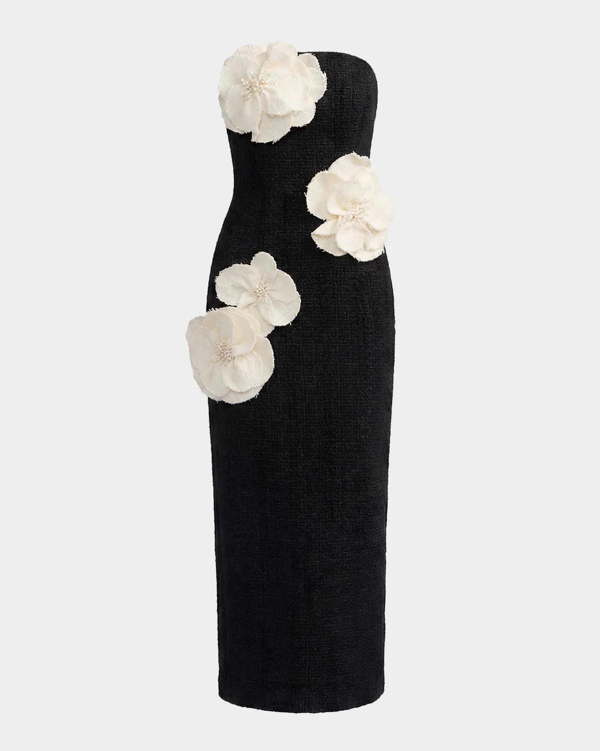 Floral Appliqué Bouclé Strapless Midi Dress