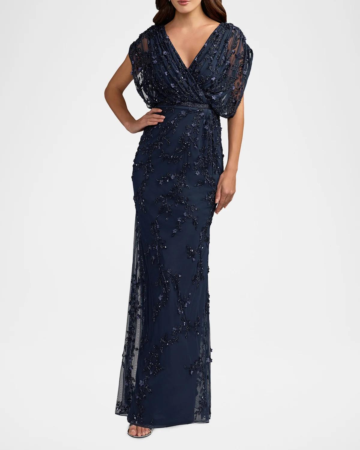 Beaded Draped Mesh Column Gown - thumbnail 2