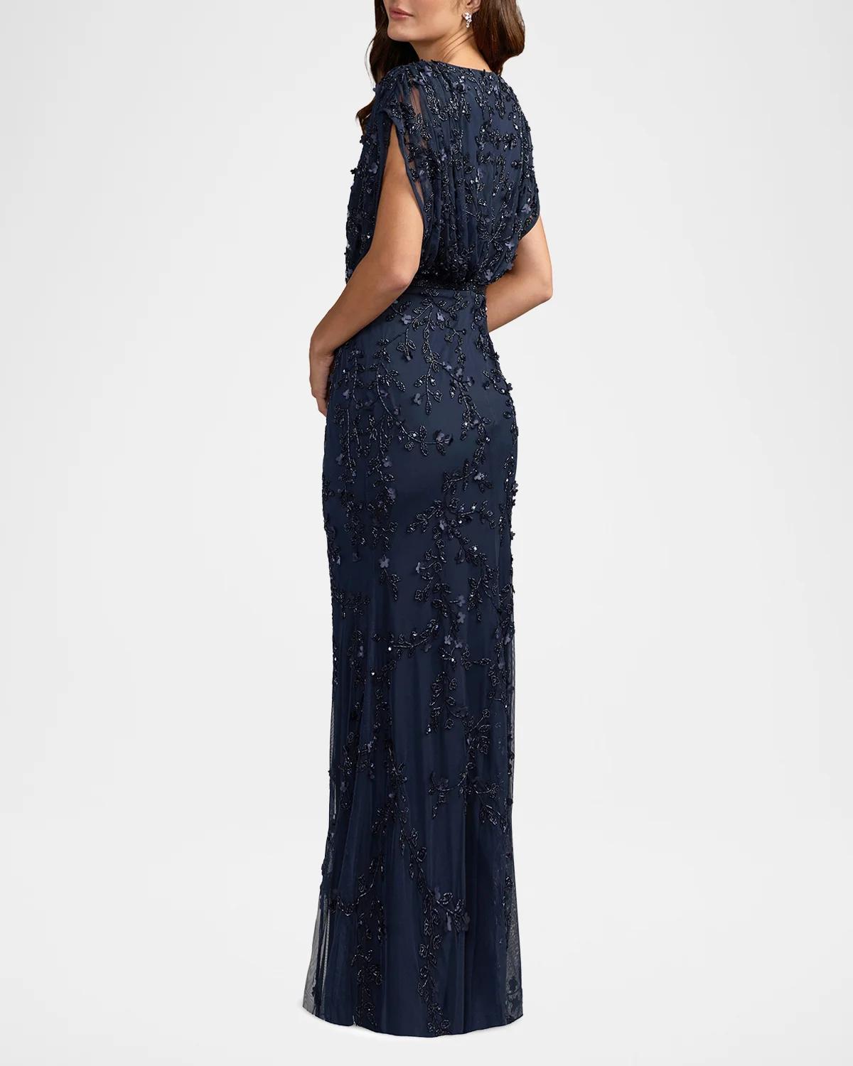 Beaded Draped Mesh Column Gown - thumbnail 3