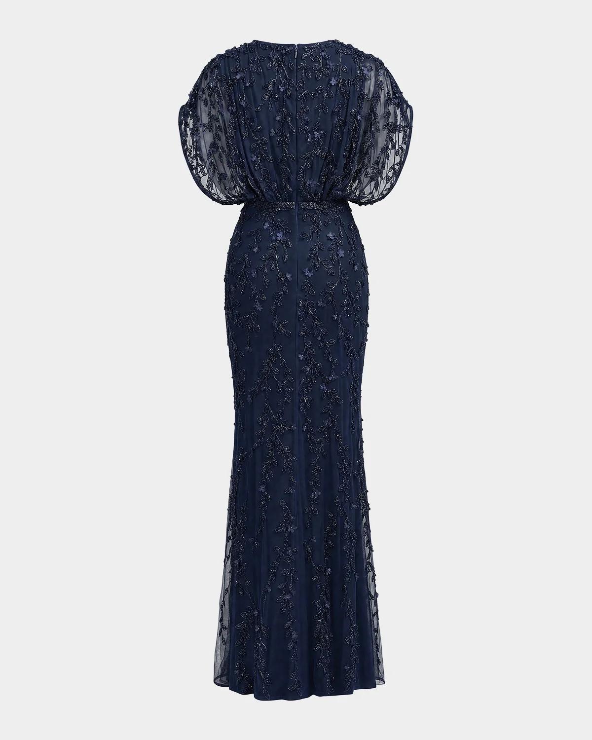 Beaded Draped Mesh Column Gown - thumbnail 4