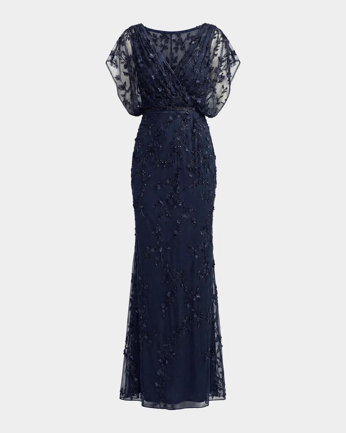 Beaded Draped Mesh Column Gown