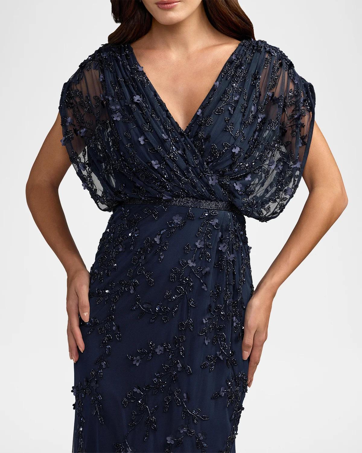 Beaded Draped Mesh Column Gown - thumbnail 5