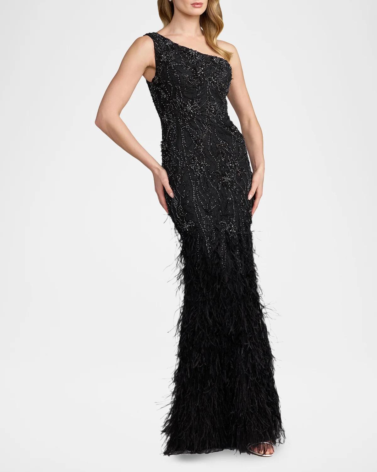 Embellished Lace One-Shoulder Feather Gown - thumbnail 2