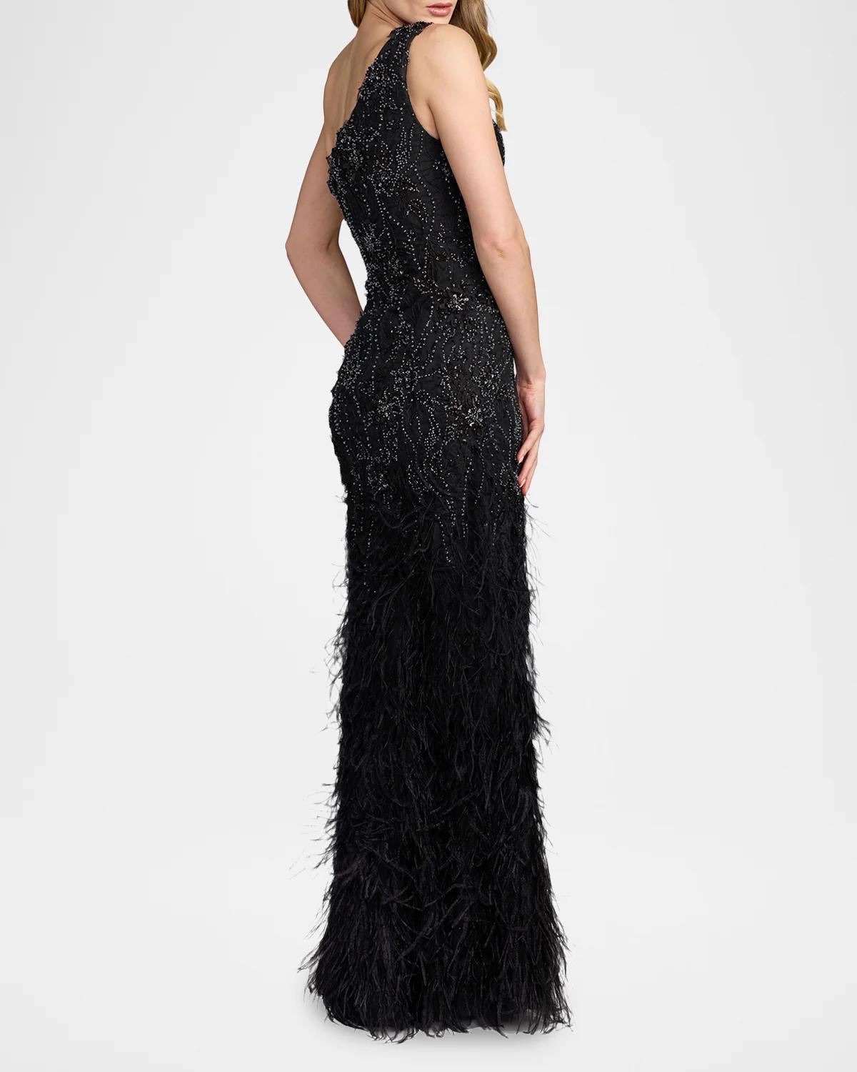 Embellished Lace One-Shoulder Feather Gown - thumbnail 3
