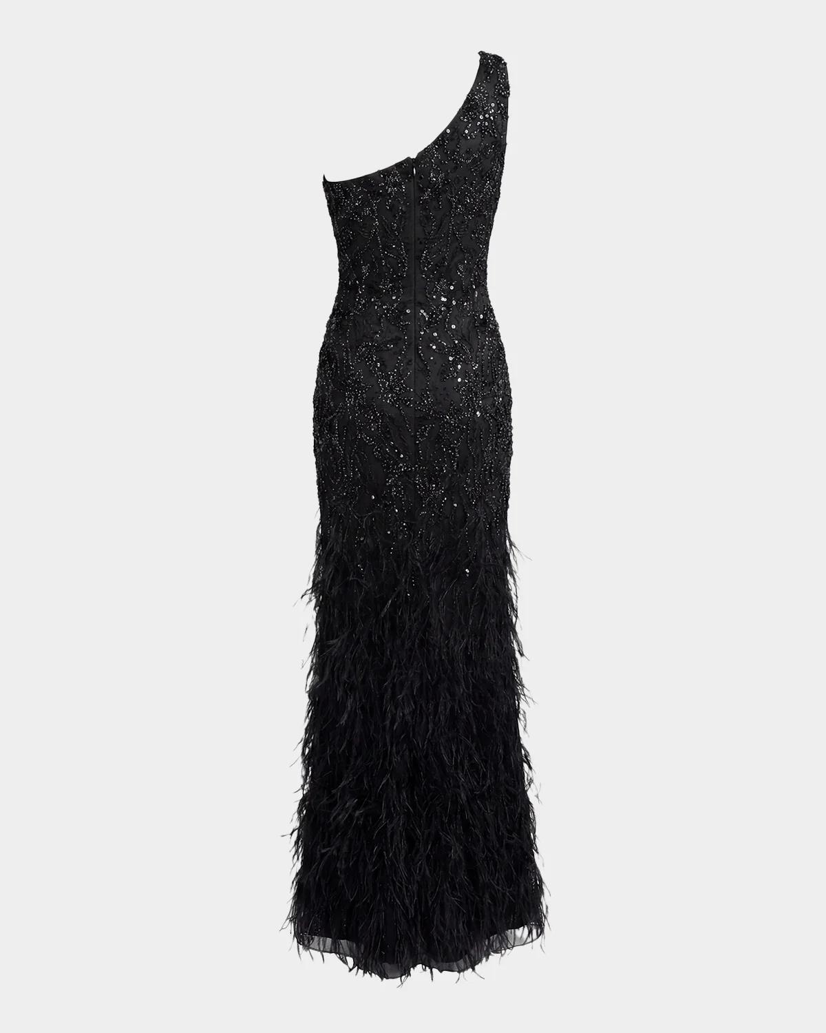Embellished Lace One-Shoulder Feather Gown - thumbnail 4