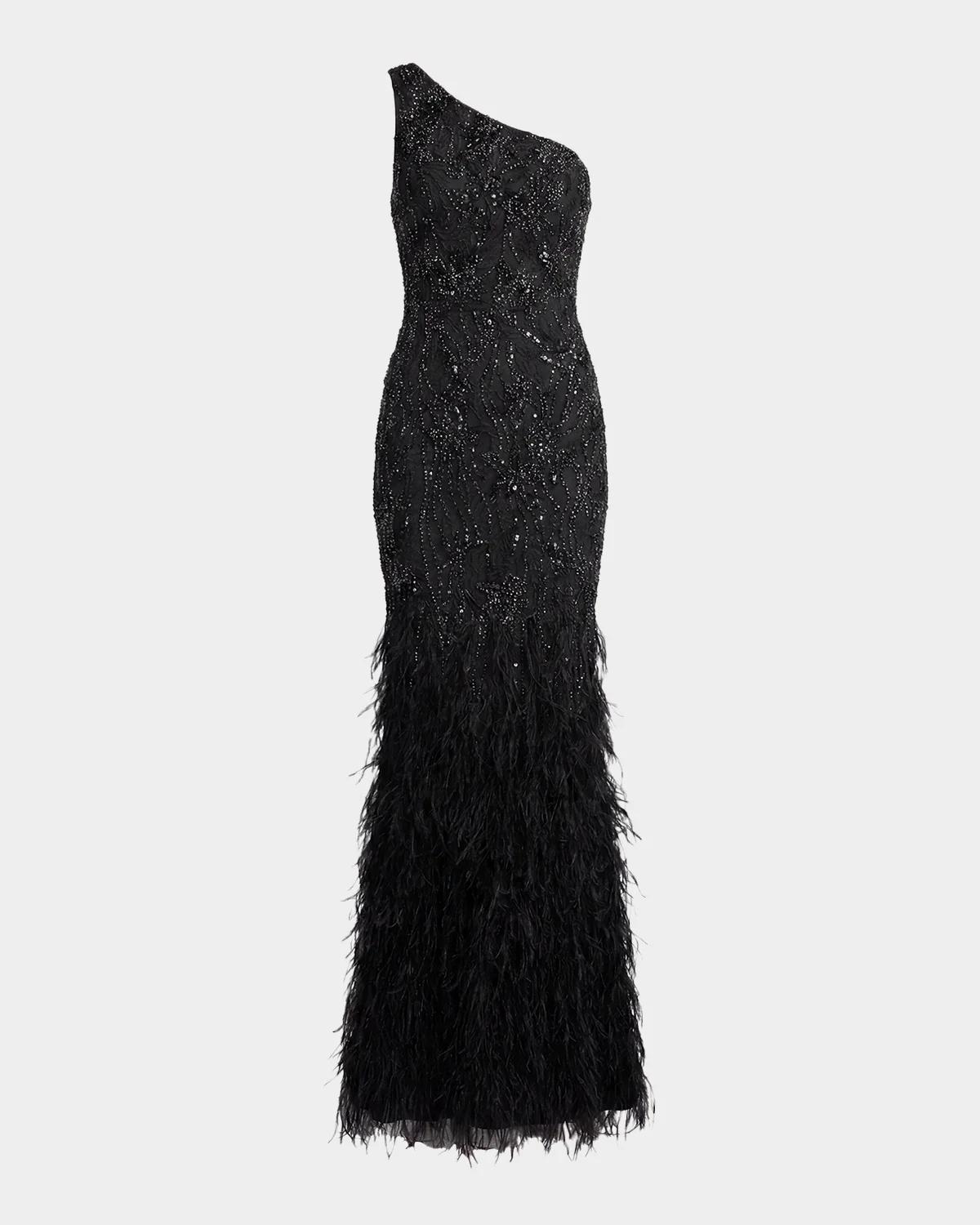 Embellished Lace One-Shoulder Feather Gown