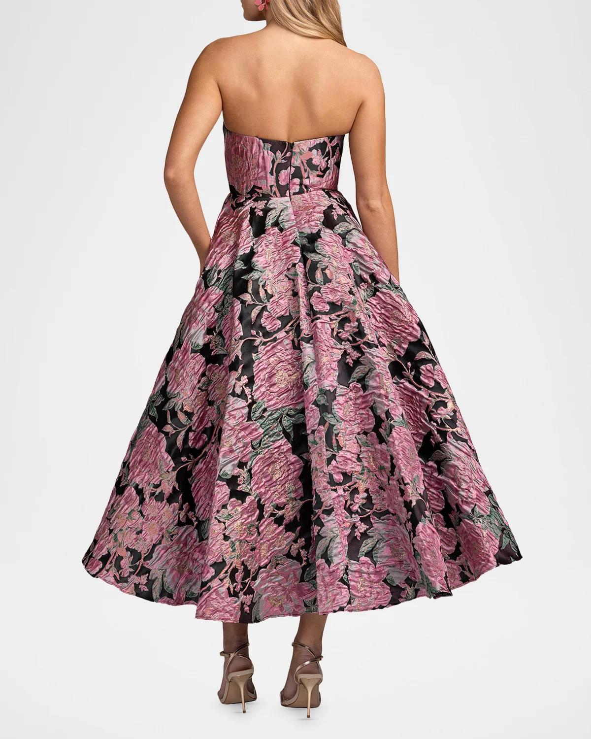 Strapless Floral Brocade Midi-Dress - thumbnail 3