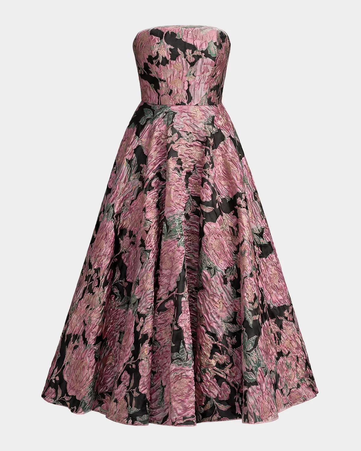 Strapless Floral Brocade Midi-Dress