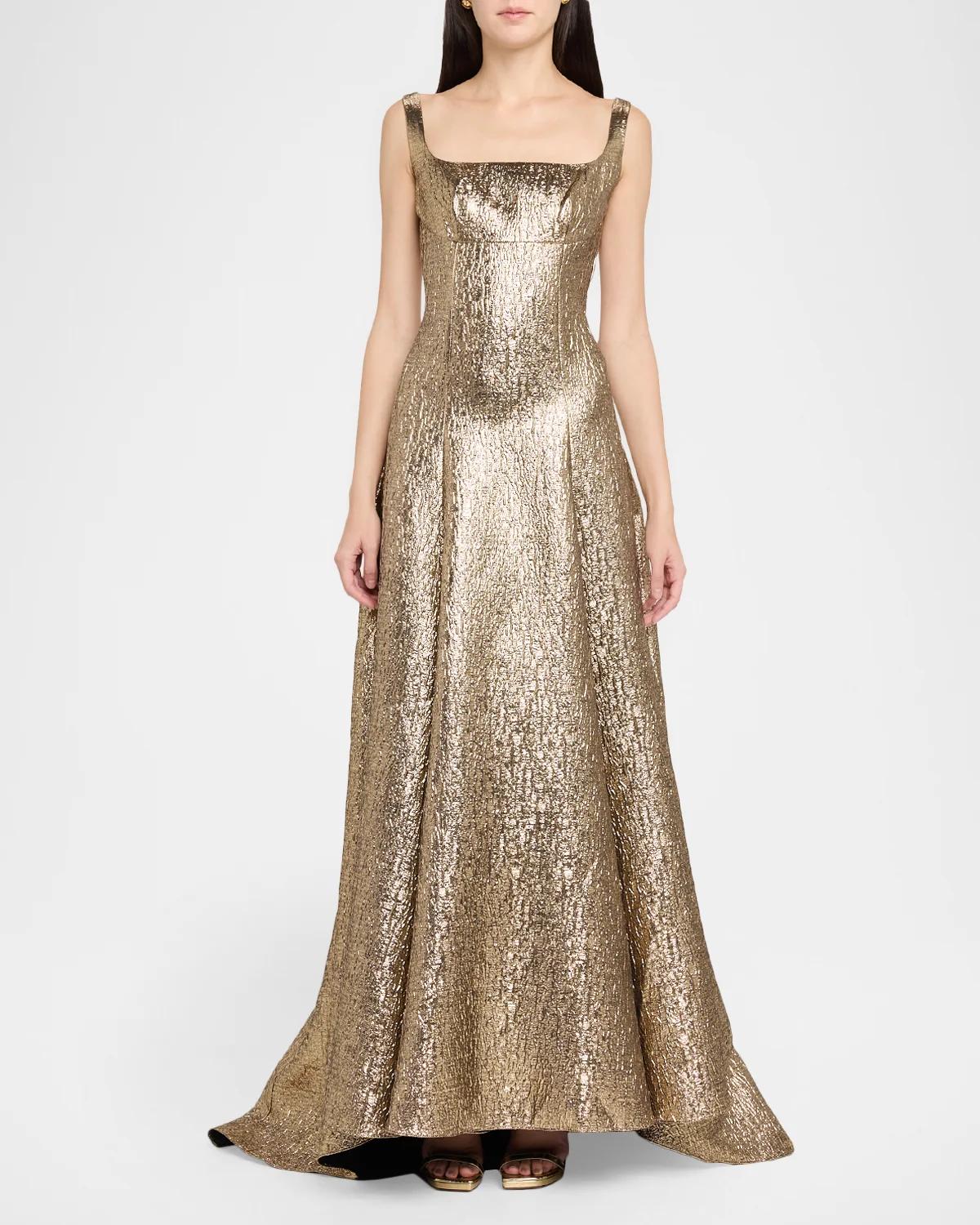 Sleeveless Textured Metallic Jacquard A-Line Gown - thumbnail 2